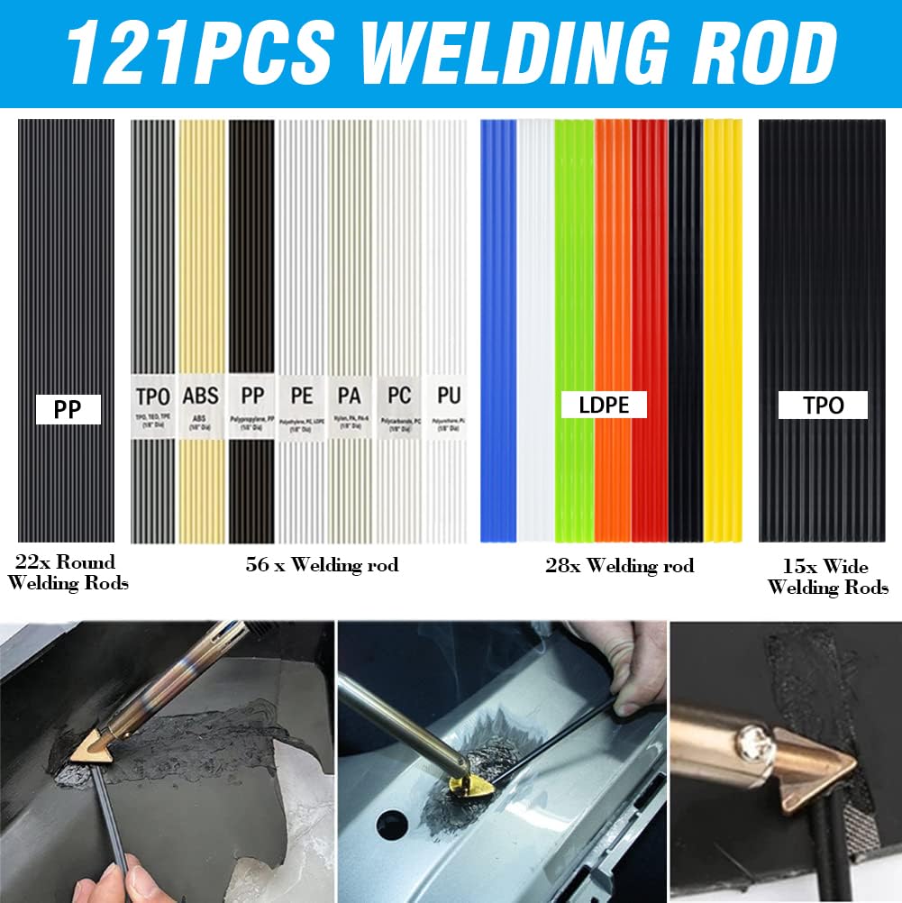 100W Plastic Welding Kit, 110V Plastic Welder Soldering Iron Kit with 121pcs Rods, Professional Surface Repair Tool for Car Bumper with 4 Welding Tips,Patch Net,Hot Iron Stand,Wire Brush,Metal Stand