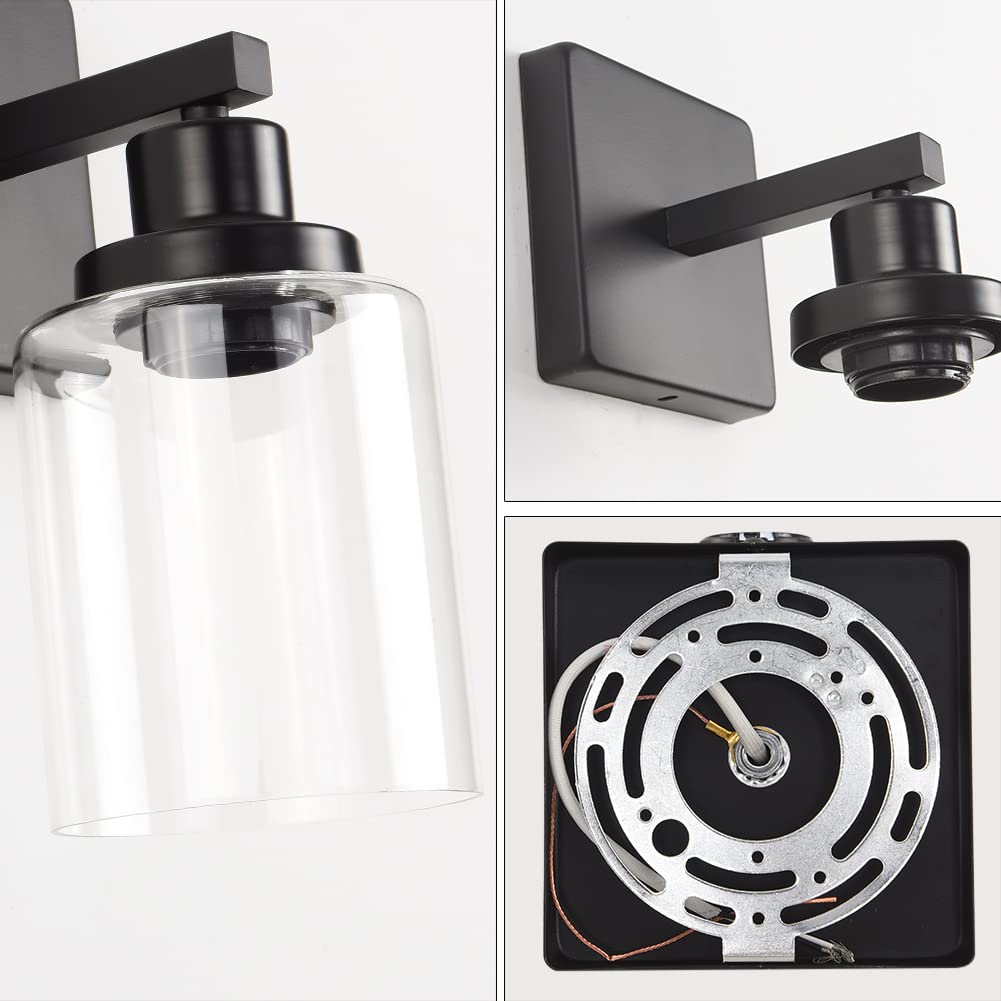 Matte Black Vanity Lights for Bathroom, Wall Sconces Set of Two, Modern Wall Light Fixtures, Metal Sconces Wall Lighting with Clear Glass Shade, Farmhouse Wall Lamp