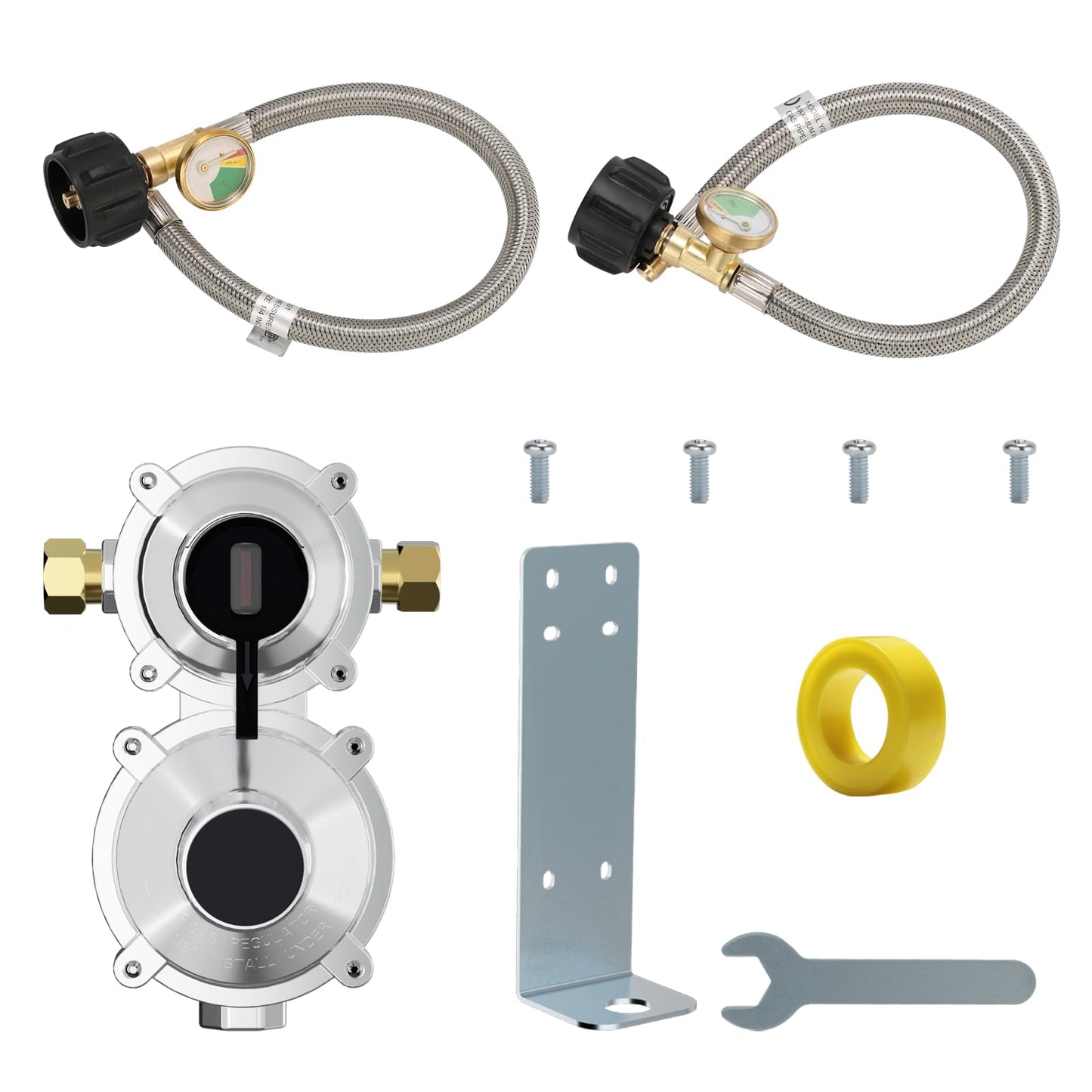 Solimeta RV Dual Cylinder Gas Regulator - 2-Stage Seamless Changeover Valve with 2PCS 15" Stainless Steel Hoses for Campers & Trailers，Vans/Trailers Primary Cylinder