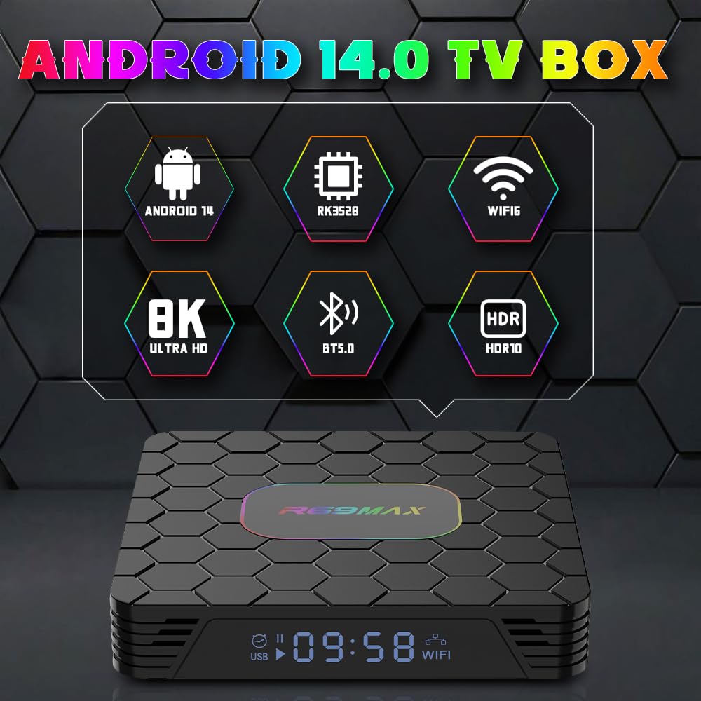 Android TV Box,2025 Android 14 TV Box with 4K 8K HDR10 Wi-Fi 6 4GB RAM 64GB ROM Quad Core ARM Cortex-A53 Chip, Android Box 14.0 2.4G/5G Wi-Fi Ethernet Bluetooth5.0 H.265 3D 4K Smart Box