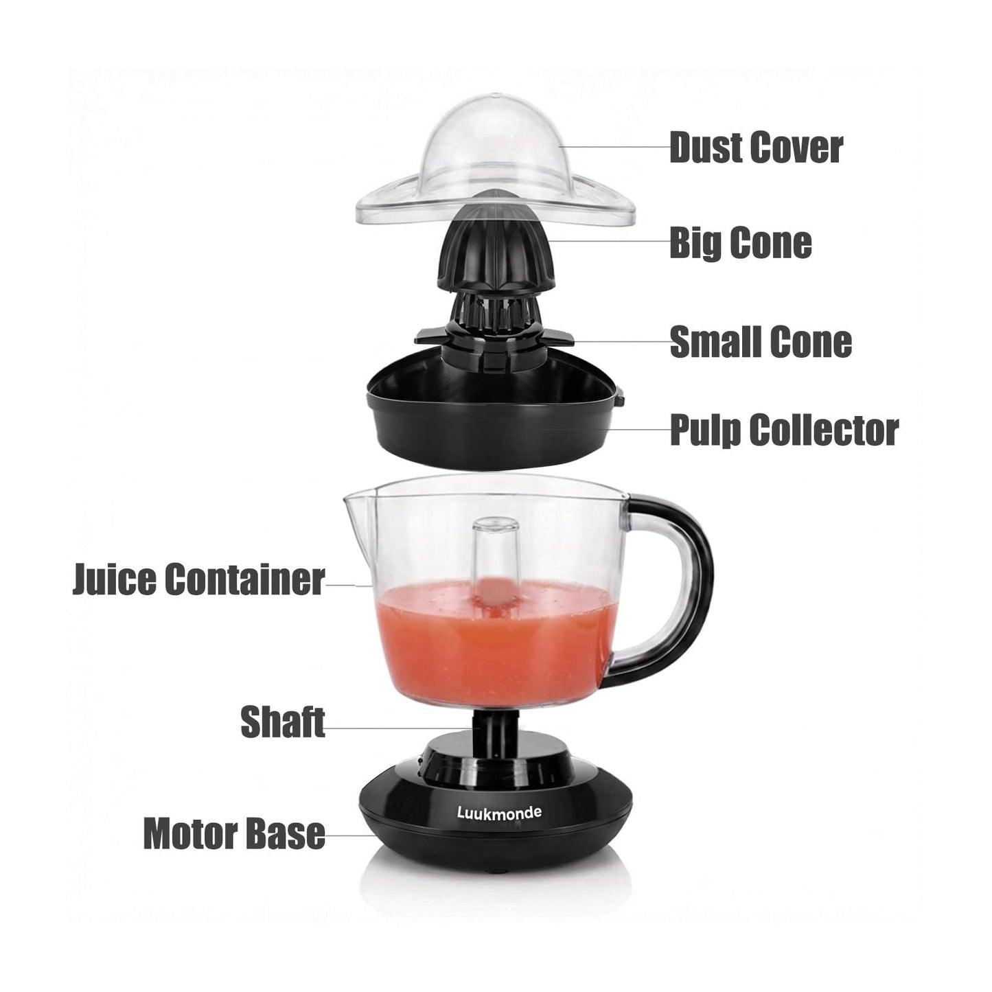 LUUKMONDE Electric Citrus Juicer, Electric Orange Juicer with 2 Reamers for Lemon & Grapefruit, Max Nutrients by Pressure Activated Juicer Machine, Electric Lemon Juicer, Black