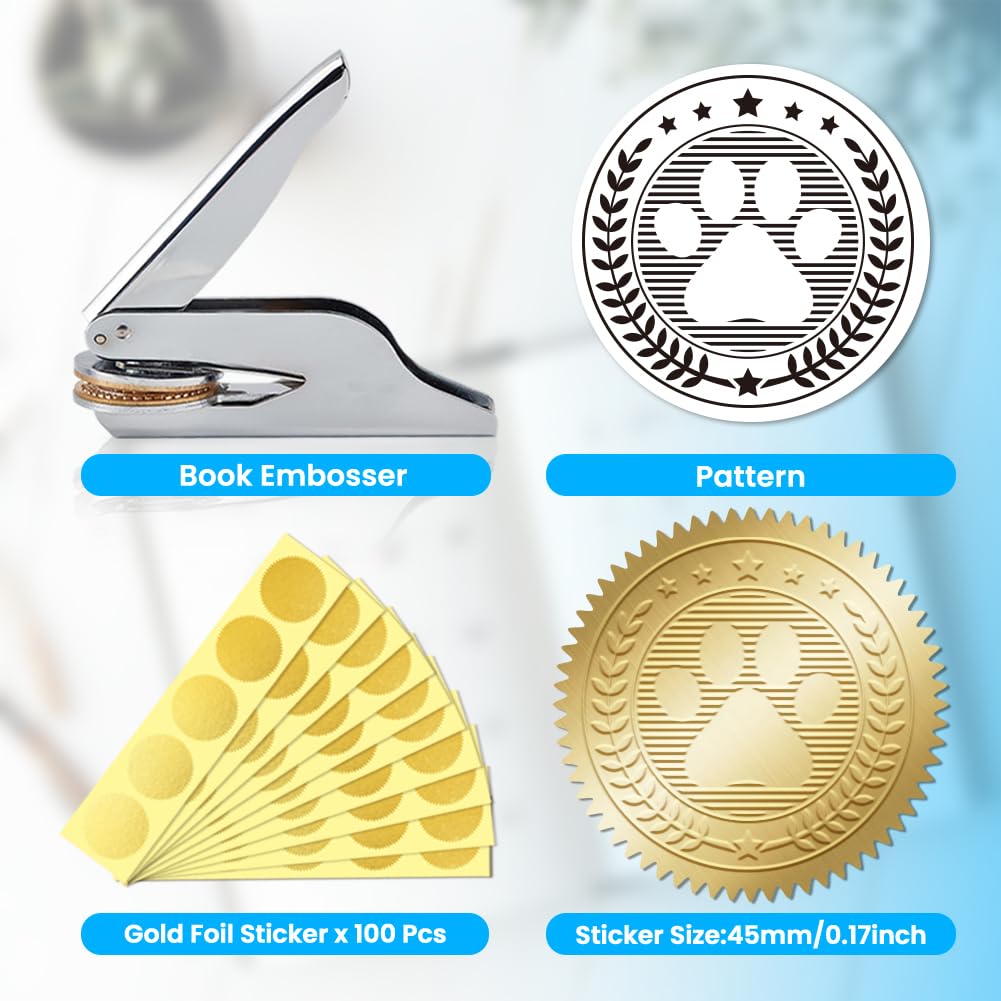 ANATTASOUL Book Embosser Personalized Paw Pattern Book Stamp, Durable Library Stamp with Handle Set for Paper, Books, Envelopes, Documents, Certificate, Gifts(100Pcs Gold Foil Stickers)