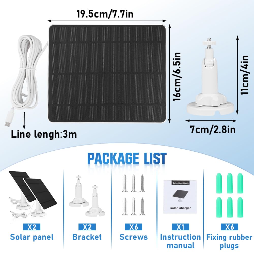 5W Solar Panel for Security Camera 2 Pack, 5V Solar Panel Charger is Compatible with WYZE Battery Cam Pro, Eufy Camera & Arlo Essential Spotlight/XL Spotlight Camera, with Micro USB, DC, USB-C port