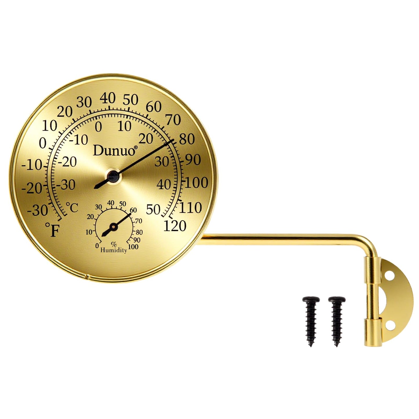 Dunuo 4 Inch Brass Outdoor Thermometer - Analog Temperature Gauge for Patio, Greenhouse, Room, Garage. Solid Brass Swivel Thermometer with Humidity- Golden case (Golden case + Golden dial)