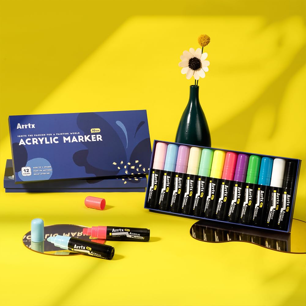 Arrtx Acrylic Jumbo Markers 10mm Jumbo Felt Tip, 12 Acrylic Paint Pens for Rock Painting, Stone, Glass, Easter Egg, Wood and Fabric Painting-Acrylic Markers DIY Crafts Making Art Supplies