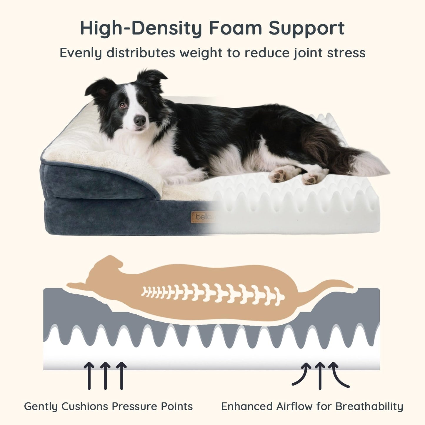 BELLA & PAL Orthopedic Dog Sofa Bed for Medium/Large Dogs – No Assembly Needed, Egg-Crate Foam Dog Couch with Waterproof Liner, Washable Removable Cover, Non-Slip (Gray, 91.5L x 68.5W x 16.5H cm)