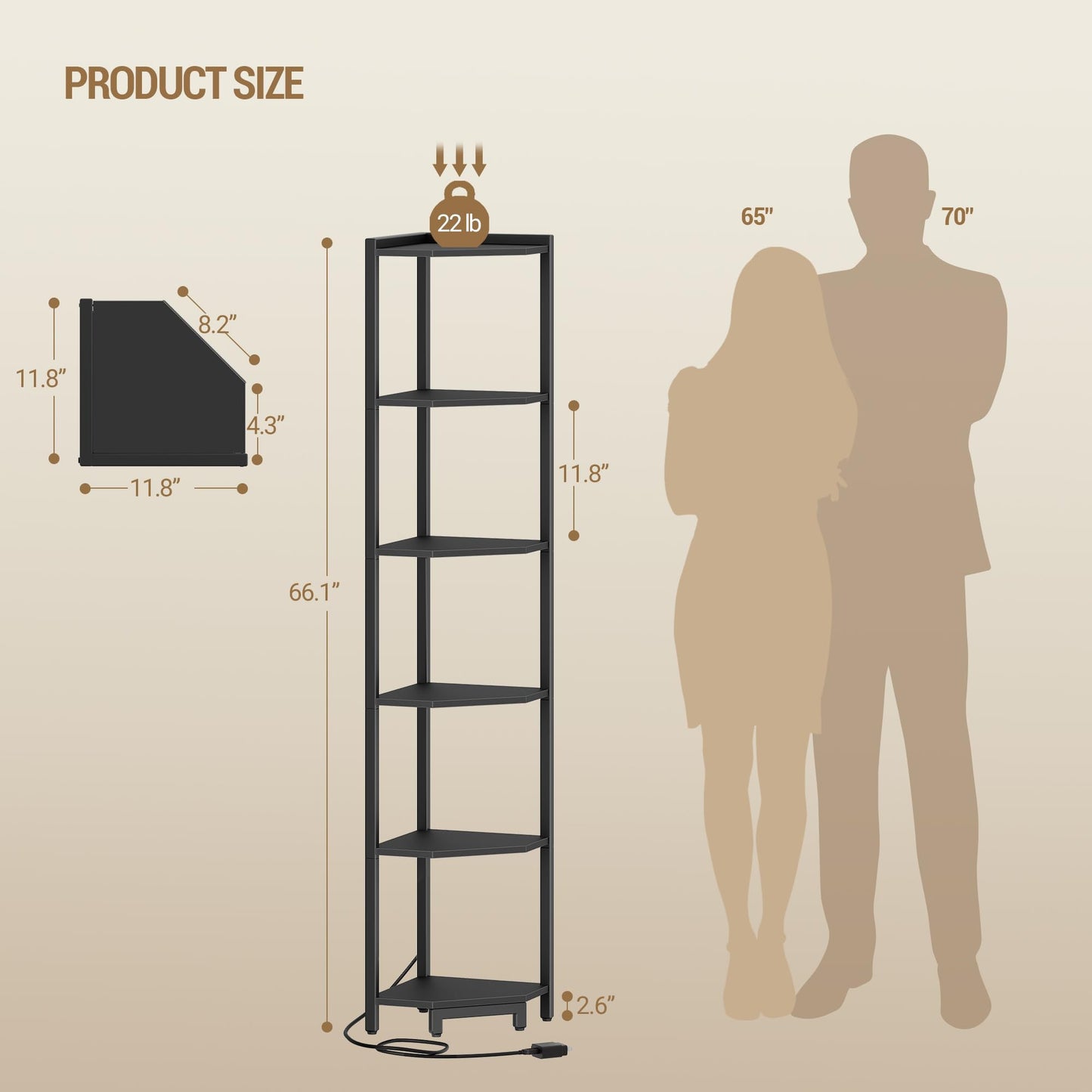 Hzuaneri Corner Shelf with LED Light, 6-Tier Corner Bookshelf, Tall Narrow Display Bookcase with Metal Frame, Standing Shelf for Small Space, Living Room, Home Office, Bedroom, Black CS66606B