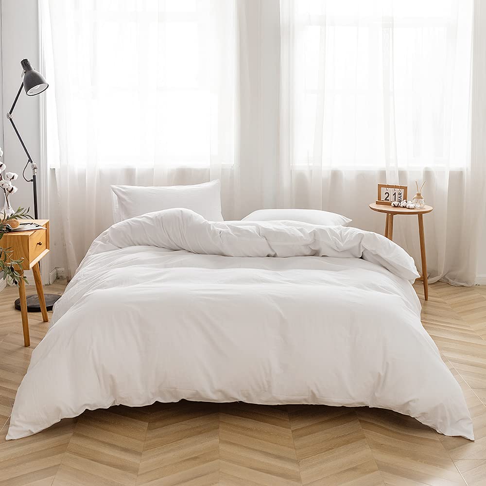 Face Two Face Bedding Duvet Cover Set 100% Washed Cotton Duvet Cover Linen Like Textured Breathable Durable Soft Comfy(Queen, White)