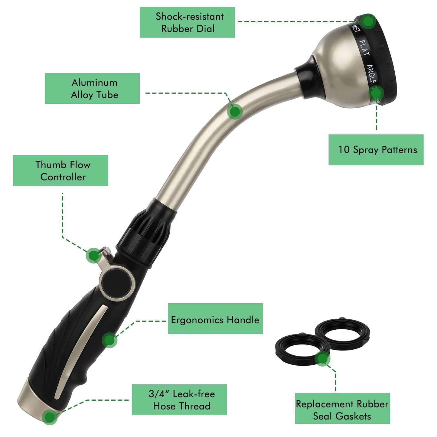RESTMO Metal Garden Hose Wand with Thumb Flow Control, Watering Wand Heavy Duty, 15-Inch Long Hose Nozzle Sprayer with 10 Spray Patterns, Ideal to Water Hanging Baskets and Shrubs, Black