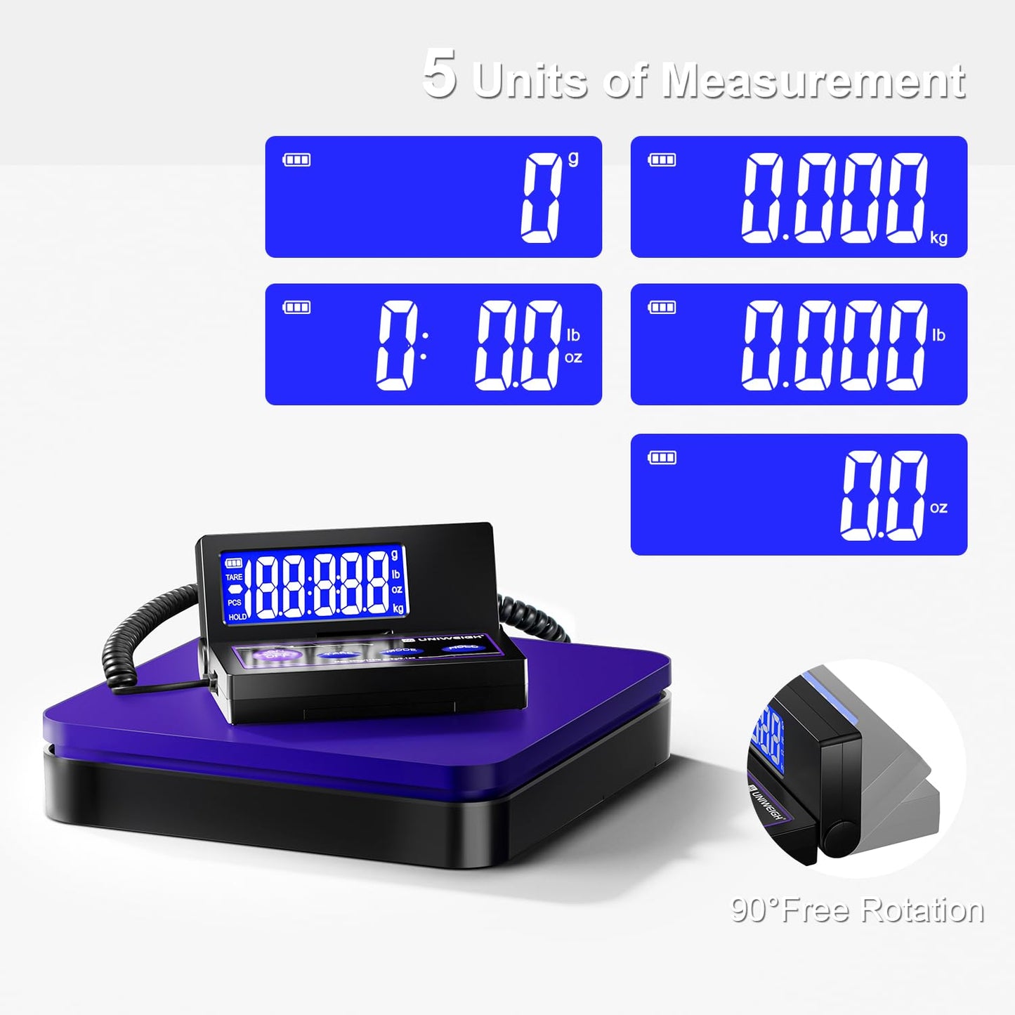 UNIWEIGH Digital Shipping Scale 110lbs/0.1oz Accurate,Postal Scale with 5 Units/LCD/Tare/Hold Function,Auto-Off,Postage Scale for Packages Small Business/Mail Scale,Includes Battery & USB Power