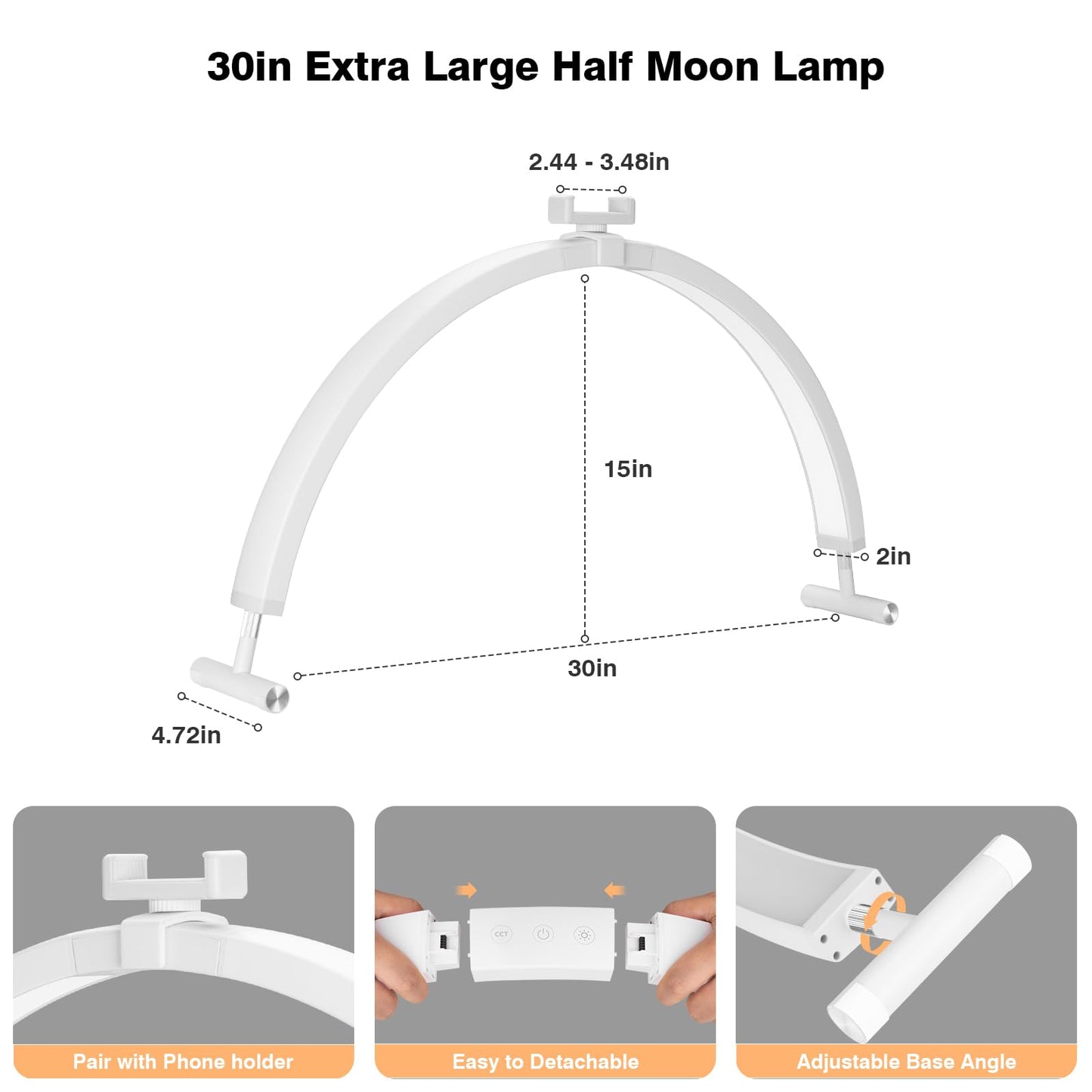 Mznoo Nail Light for Desk, 30in Large Half Moon Light with Phone Holder, 4000 Lumen Bright LED Moon Lamp for Nail Techs, Manicure and Handicraft, Adjustable Color Modes and Brightness (White)
