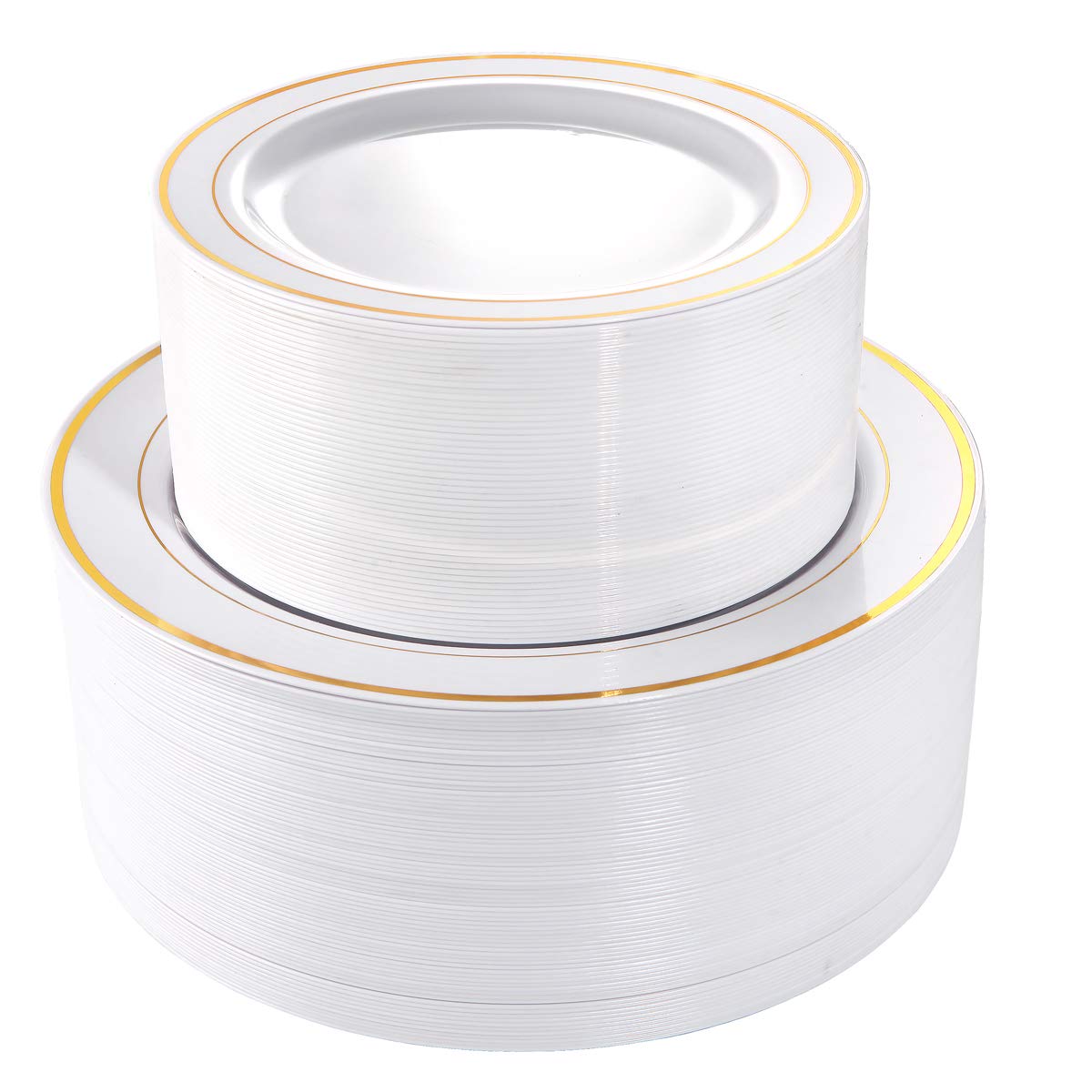 I00000 102 Pieces Gold Plastic Plates, Disposable Party Plates White Gold Rim, 51 Heavy Duty Dinner Plates 10.25 Inch and 51 Disposable Dessert Appetizer Elegant Fancy Wedding Plates 7.5 Inch