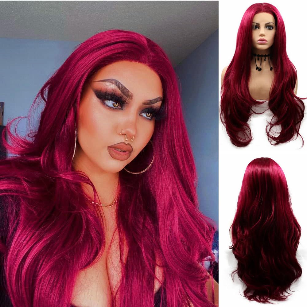 SERENEWIG Female Dark Red Synthetic Lace Front Wigs for Women Cosplay Party Replacement Drag Queen Mermaid Red Real Natural Color Long Wavy Hair Synthetic Full Glueless Wig 24"
