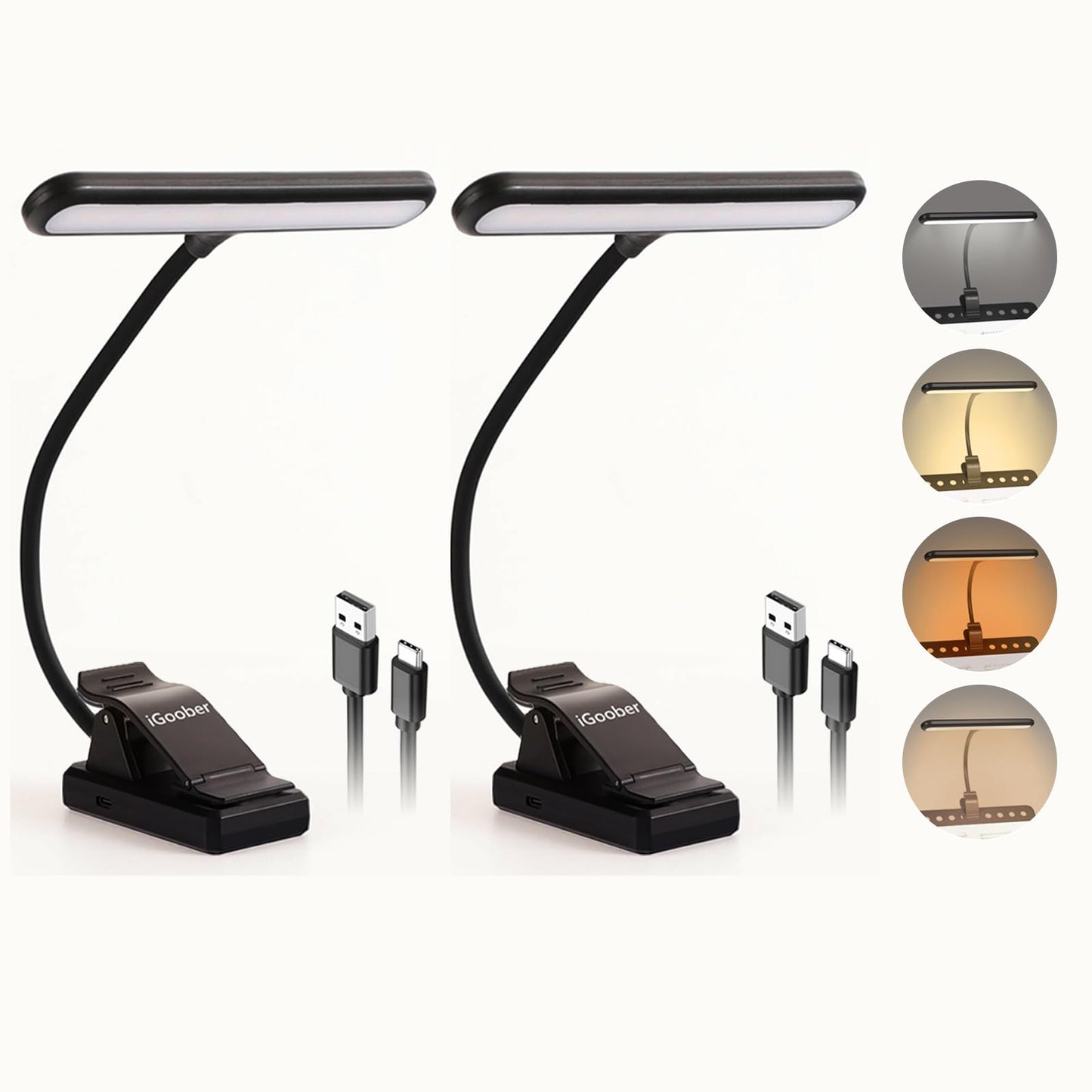 iGoober 2 Pack 28 LED Music Stand Lights Eye Caring Clip-on Piano Light, Blue Light Blocking, USB-C Rechargeable, 4 Color x 3 Brightness, Ideal for Musician, Piano, Sheet Music, Orchestra, Guitar