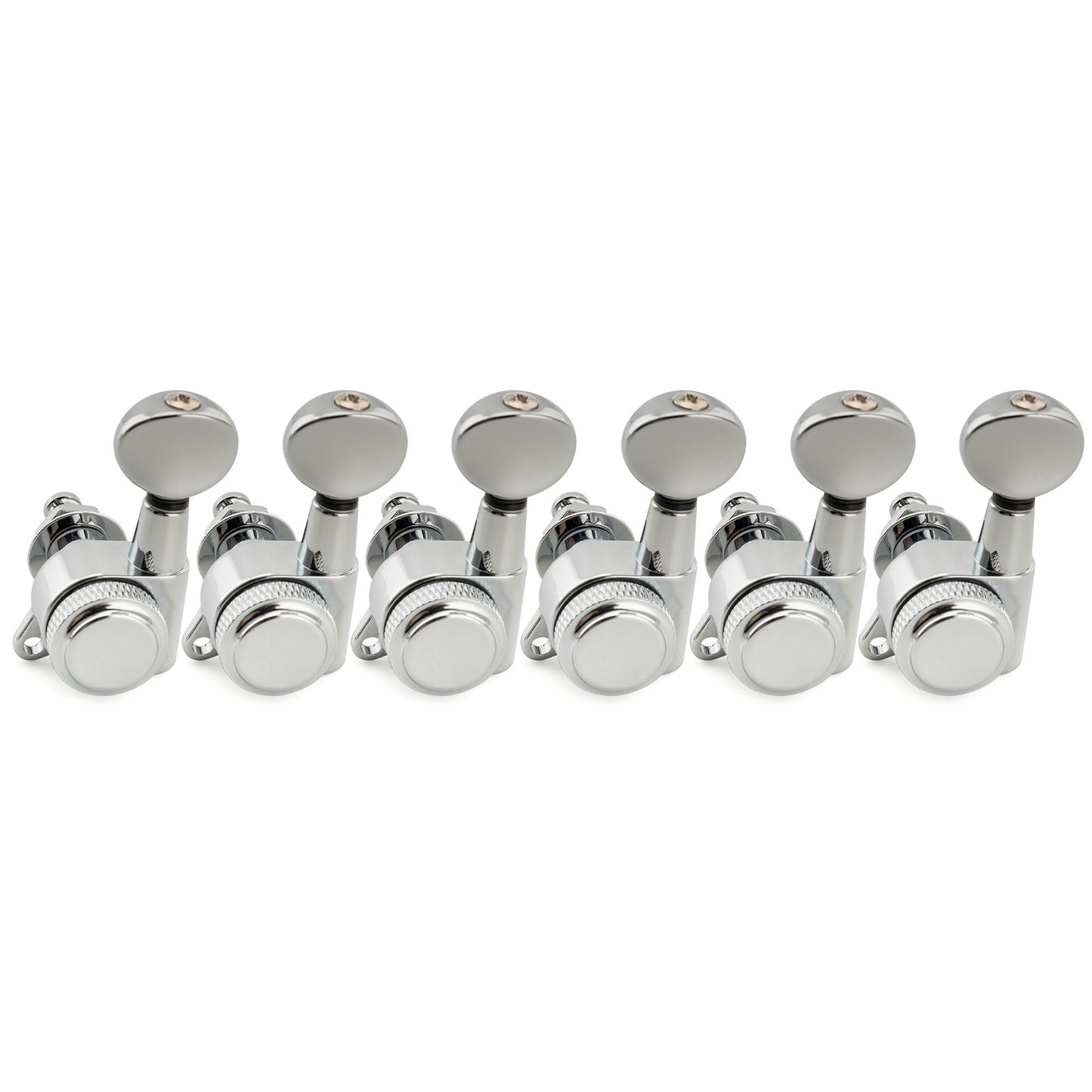 Musiclily Pro Left-Handed 6-in-line 18:1 Ratio Full Sealed Locking Machine Heads Tuners Tuning Pegs Keys with Vintage Oval Button 45 Degree Screw for Strat Tele Style Electric Guitar, Chrome