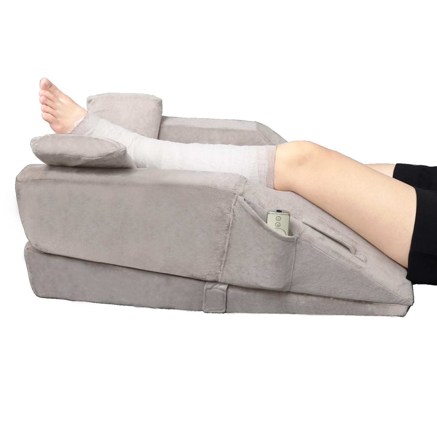 WDBBYL Leg Elevation Pillow, 3 Modes For Knee Ankle & Leg Raise After Surgery, Memory Foam U-shaped Leg Positioner, Side Pockets, Washable Velvet Cover (Grey)