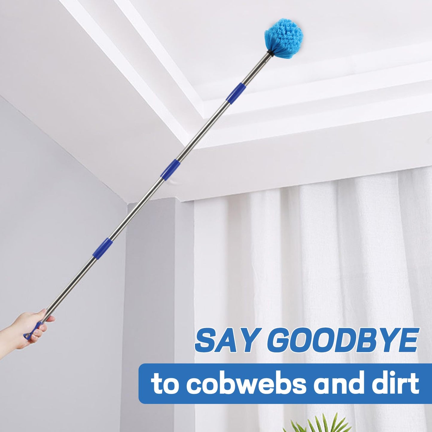CALCHELE 10FT Spider Web Brush with Pole, Stainless Steel Pole Ceiling Fan Duster for Outdoor Indoor Cleaning