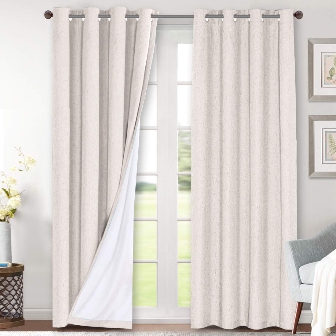 H.VERSAILTEX Ivory Blackout Curtains for Bedroom, Linen Blackout Curtains 108 Inches Long 100% Blackout Thermal Insulated Textured Curtain Draperies Grommet with White Liner, 2 Panels, Ivory