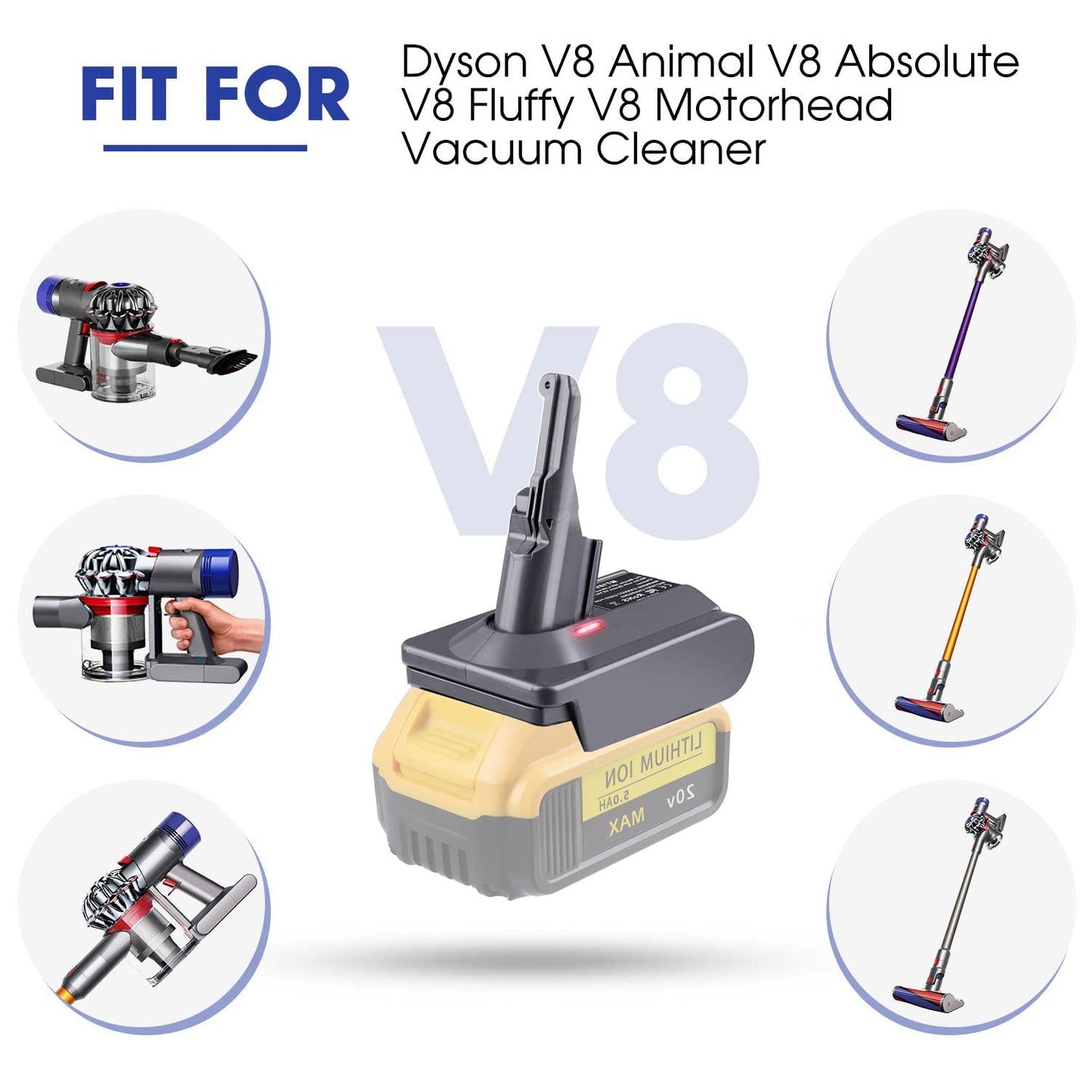 DW20V8 Adapter for DeWalt 20V Battery Work for Dyson V8, SV10 Animal, V8 Motorhead, V8 Absolute, V8 Fluffy Vacuum Cleaner for DeWal t Batteries DCB200 DCB205 DCB204(Only Adapter)