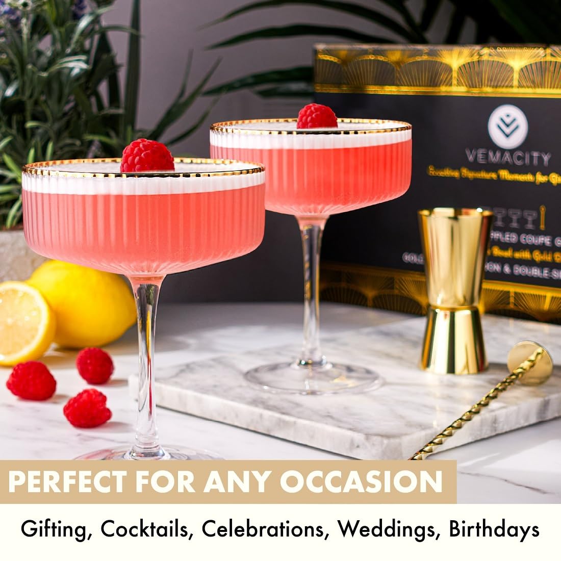 Vemacity Ribbed Espresso Martini Glasses Set of 4 with Gold Rims, Bar Spoon & Jigger | Coupe Cocktail Glass | Champagne Saucers | Ribbed Glassware | Coupe Glasses | Ideal for Martinis and Cocktails