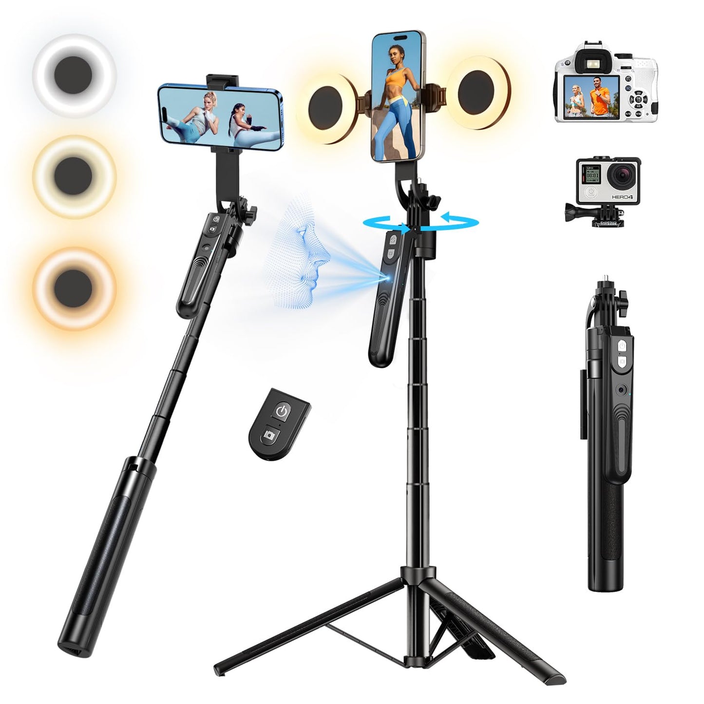 Auto Face Tracking Tripod 360° Rotation with Stand, 70.9" Ai Motion Tracking Tripod, Motion Sensor Phone Tripod Stand, Selfie Stick Rotation Tripod with Remote, for Vlog/Live Stream/Video Recording