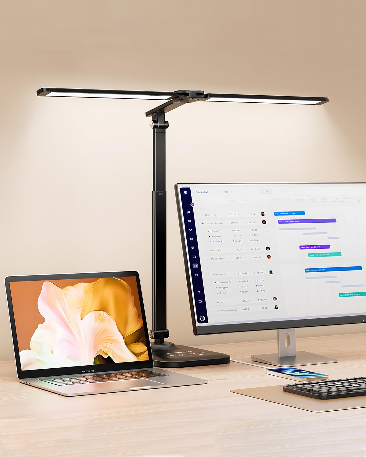 LED Desk Lamp for Office Home, Double Head Height Adjustable Desk Light with 50 Lighting Modes, Eye-Caring Architect Table Light for Reading, Study, Drafting, 45 Min Auto Timer