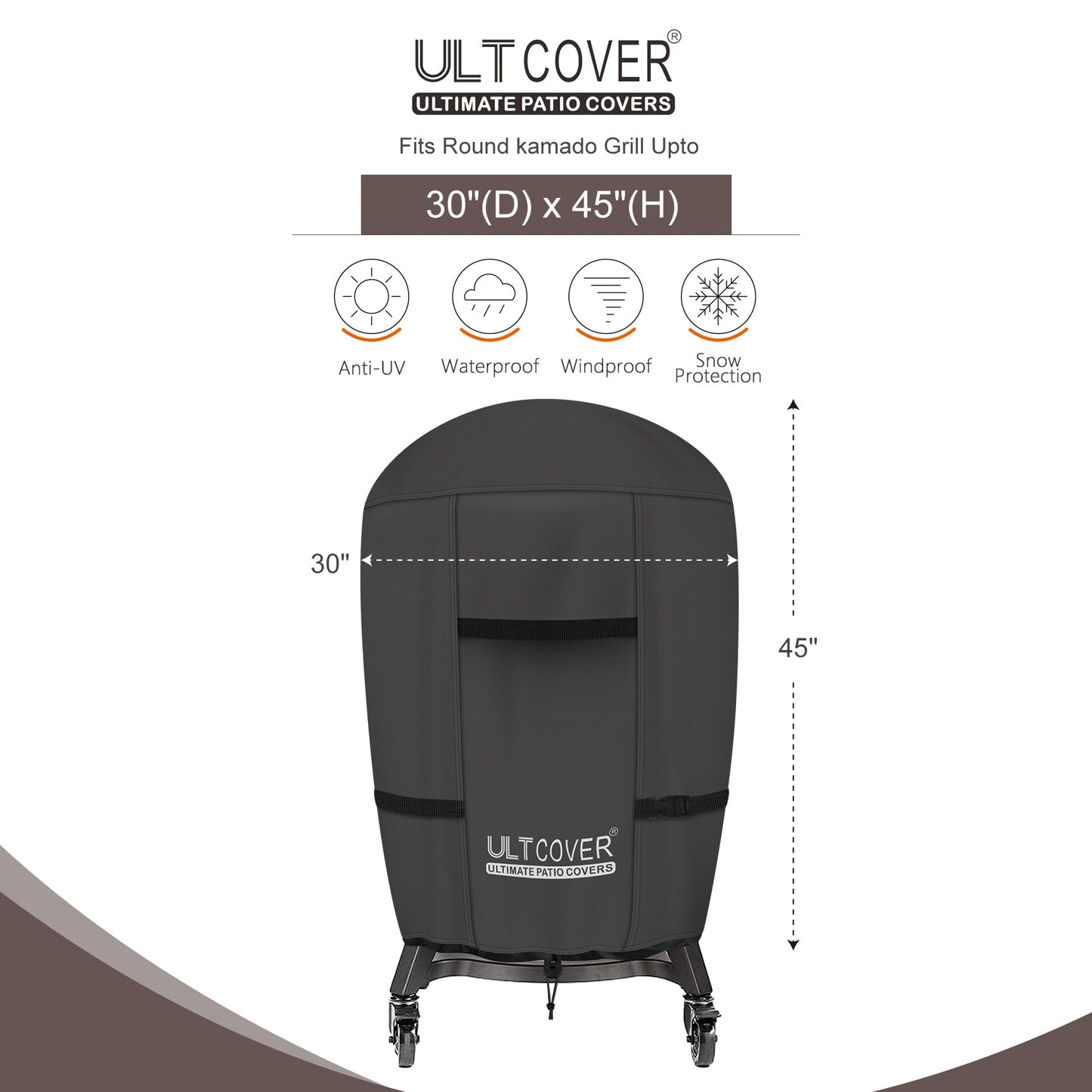 ULTCOVER Outdoor Waterproof Charcoal Kamado Joe Grill Cover for 18 inch Big Green Egg Char-Griller Char-Broil and Other Round Smokers Size Up to 30” Dia x 45” H, Black