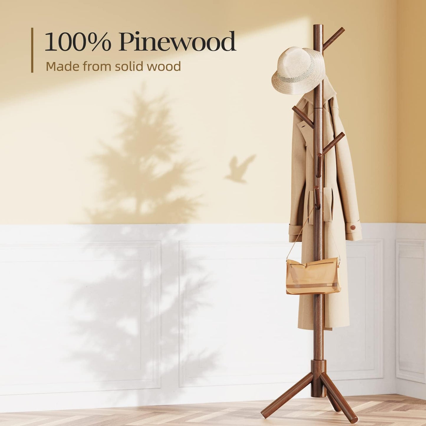 Pipishell Sturdy Wooden Coat Tree with 8 Hooks, 3 Adjustable Sizes for Clothes, Hat Stand Used in Bedroom/Office/Entryway, Brown