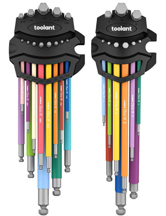 Allen Wrenches Sets 22pcs(Metric&SAE), Extra Long Arm Allen Key Set with Ball End, Crafted Hex Key Set with Color Coded Sleeves, Unique Patented Holder Design for Magnetizing and Demagnetizing