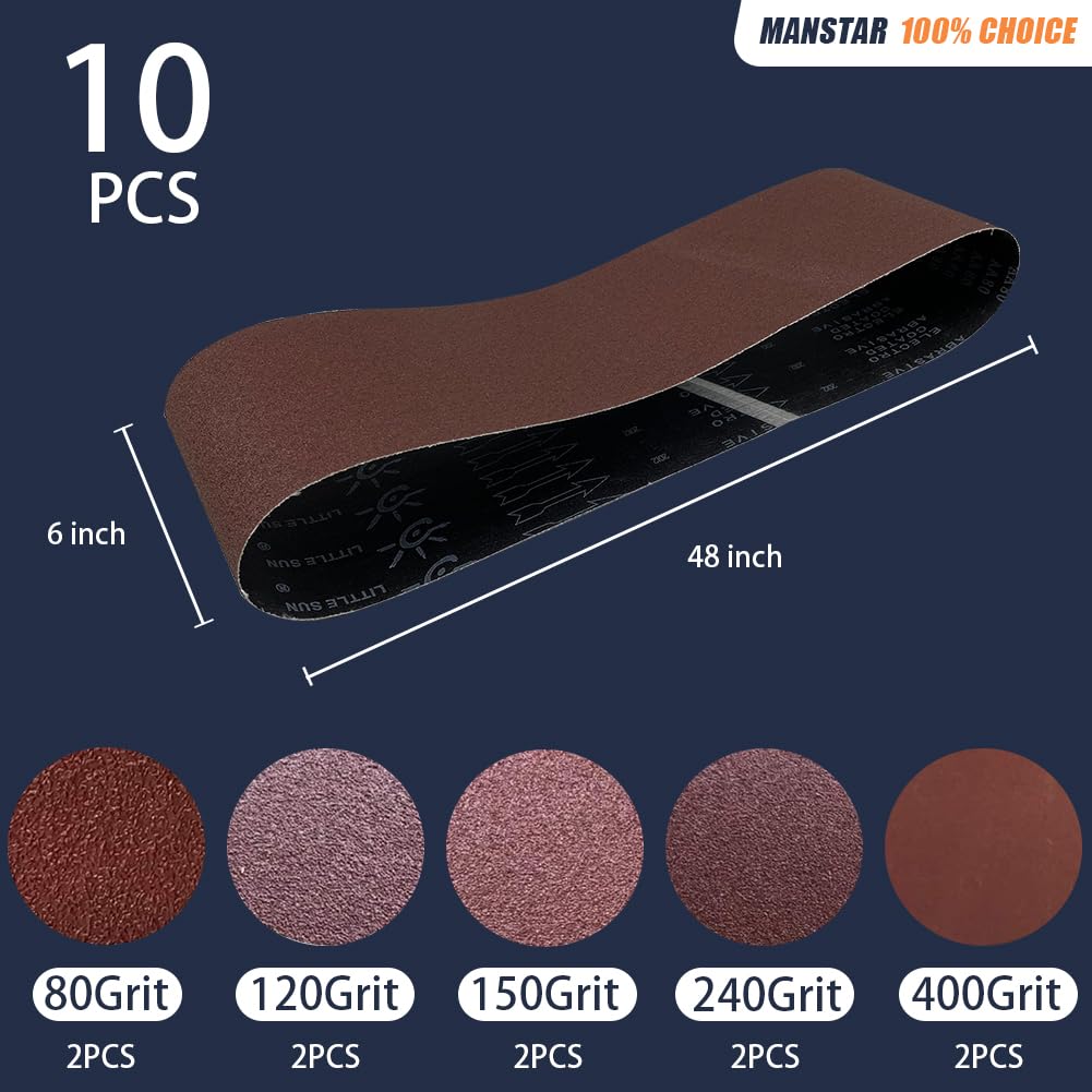 10 Pcs 6 x 48 Inch Assorted Aluminum Oxide Sanding Belt,80/120/150/240/400 Grit