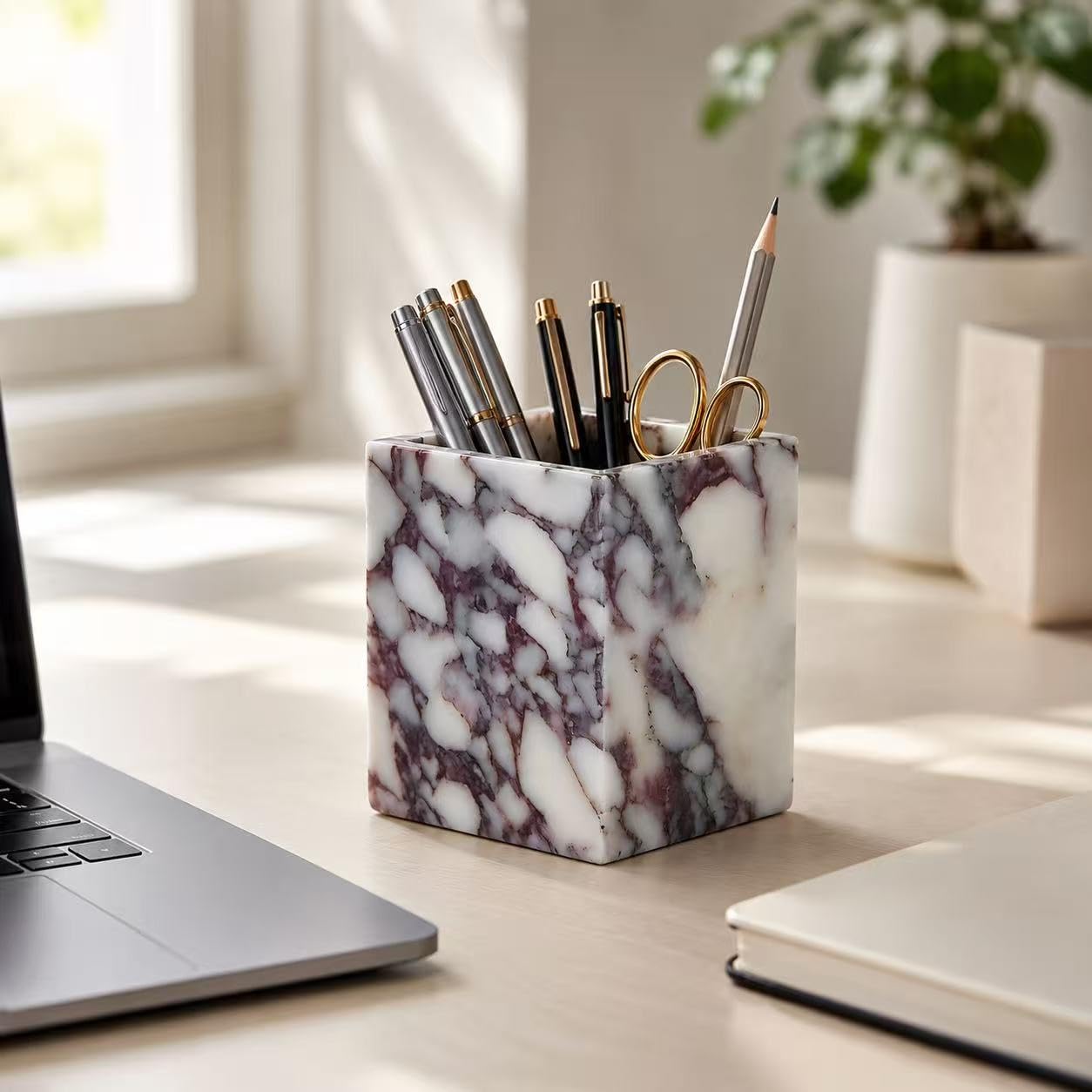 Artisanal Abode Marble Pen Holder, Natural White Marble Pencil Cup and Square Desktop Organizer for Pens, Makeup Brushes, Toothbrushes, Office Supplies, Vanity and Bathroom Counter