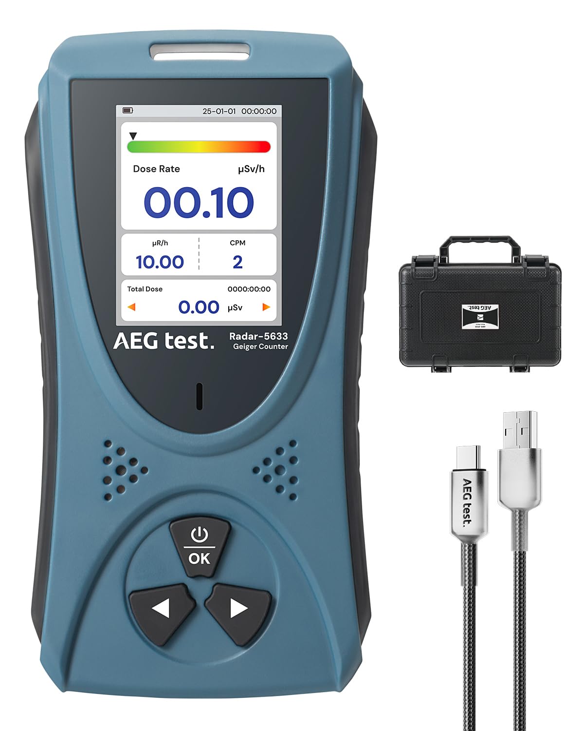 Geiger Counter AEGTEST Radar-5633 Portable Nuclear Radiation Detector with LCD Screen, Rechargeable Dosimeter for Beta Gamma X-ray Detection, Measures in CPM μSv/h μR/h μSv - Blue