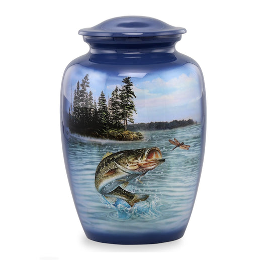 Bass Fishing Urn - Bass Fish Cremation Urn for Ashes - Adult Fishing Urn - Handcrafted Adult Bass Fish Funeral Urn - Fishing Memorial Urn with Velvet Bag (Large)