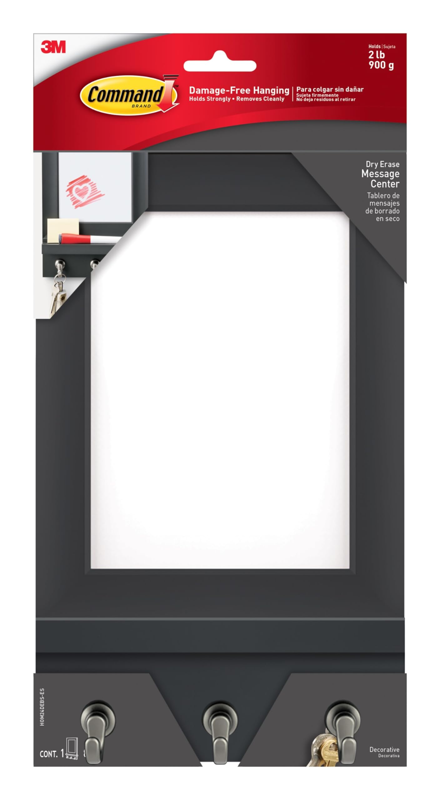 Command Dry Erase Message Center, Slate, 1-Message Center with 3 Key Hooks, 8-Medium Strips, Organize Damage-Free