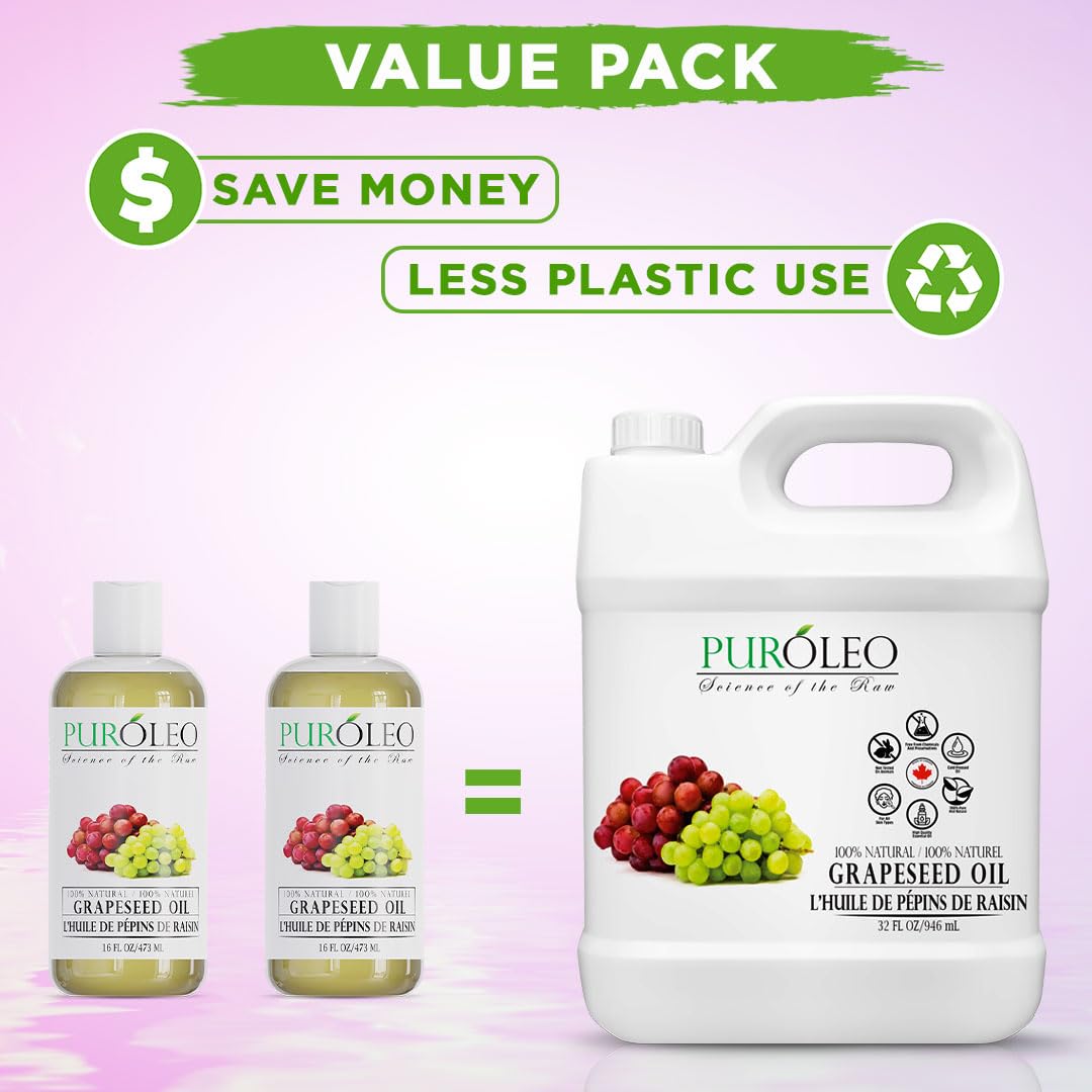 PUROLEO Grapeseed Oil 32 Fl Oz/946 ML (Packed IN CANADA) | Pure Moisturizer Carrier Oil massage oil baby oil hair oil body oil baby oil hair care Oil for hair | Beauty & DIY blend 100% Natural
