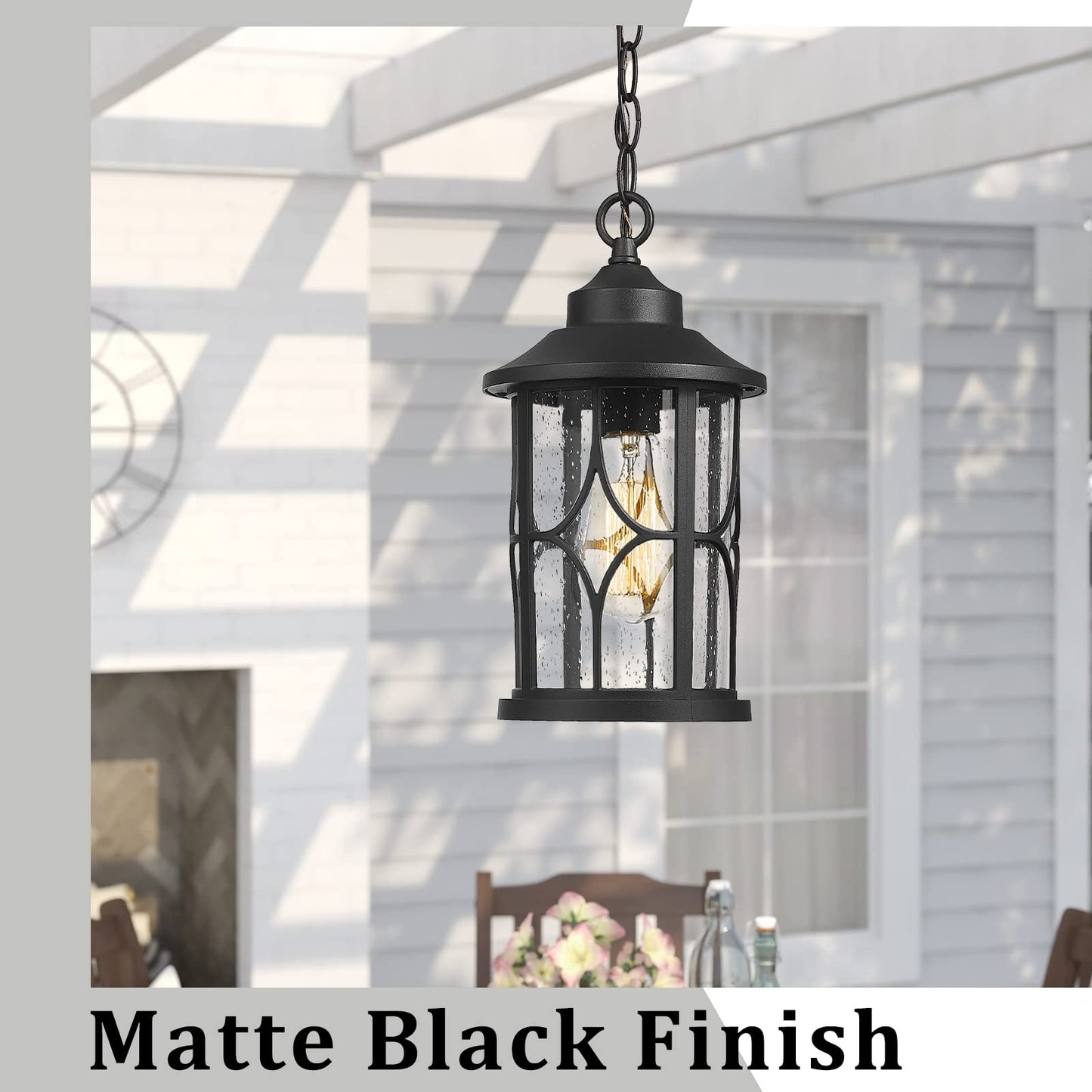 Zeyu Outdoor Pendant Light for Porch - 12 Inch Farmhouse Exterior Hanging Lantern with Seeded Glass, Black Finish, ZX48H BK