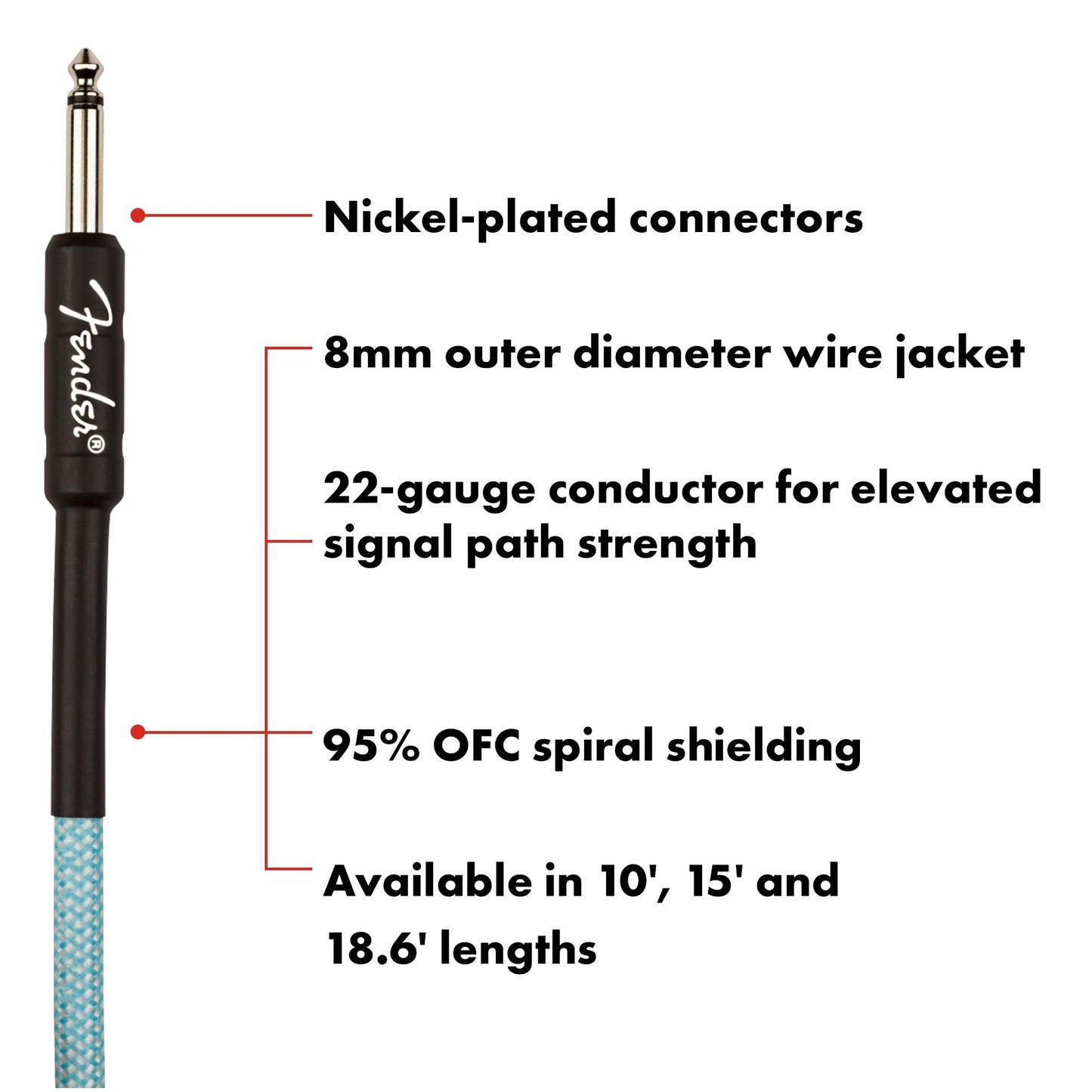 Fender Professional Series Tweed Instrument Cable, Guitar Cable, Guitar Accessories, Straight/Straight, Spiral Shielding for an Anti-Kinking Design, Daphne Blue, 10ft