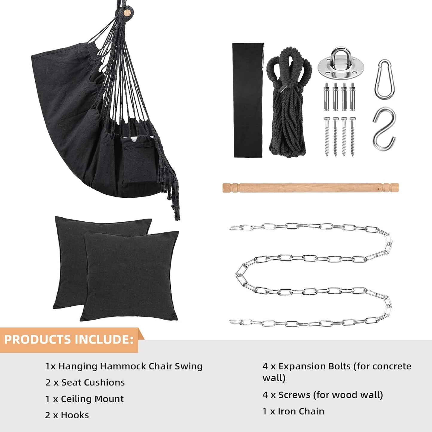 Goutime Swing Chair with 2 Hanging Chair Seat Cushions Pillows, Hammock Chair Swing with Carry Bag and Hardware Kit, Chair for Bedroom, Indoor/Outdoor Chair Reading Chair 330 Lbs (Dark Gray)