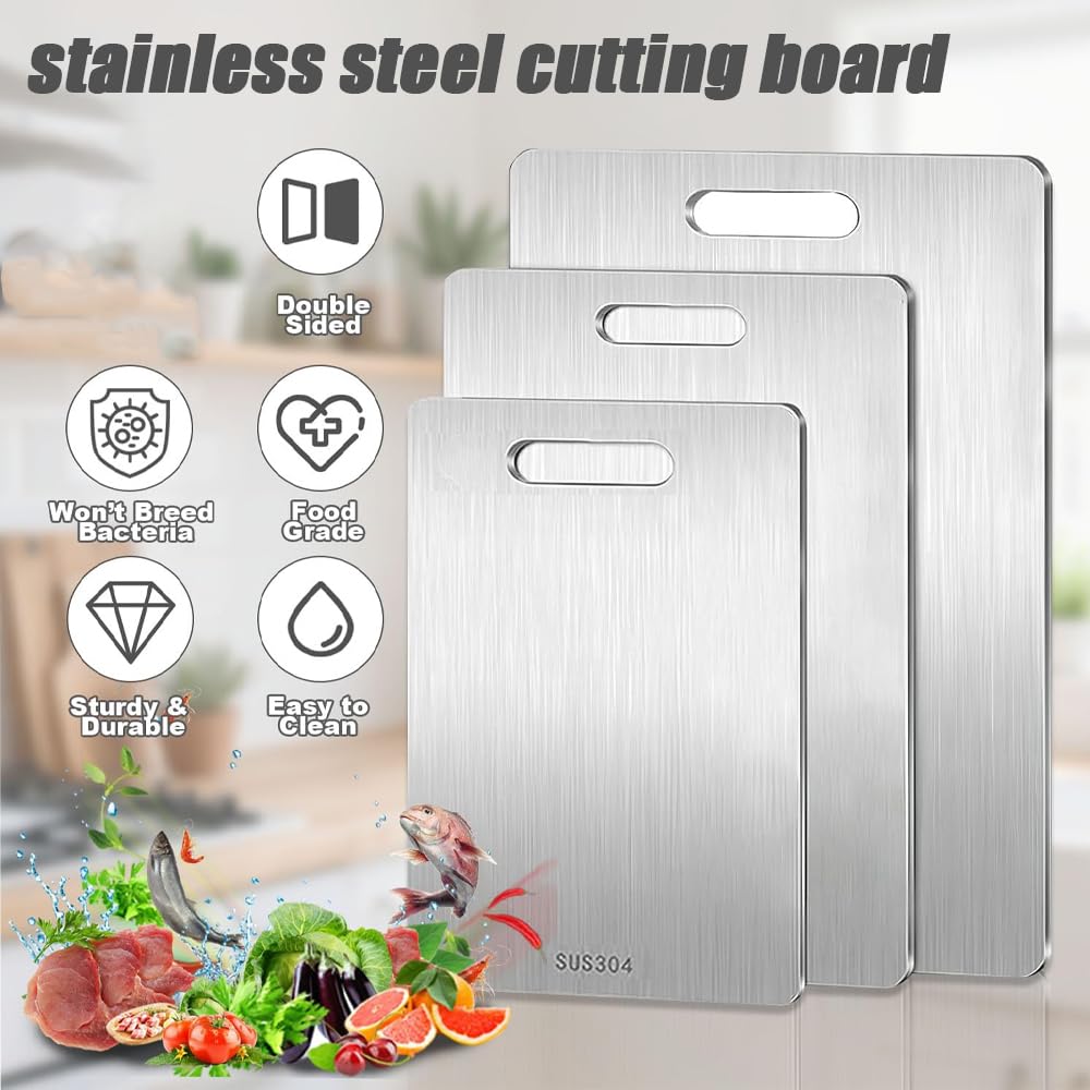 3 PCS Stainless Steel Cutting Board, 304 Stainless Cutting Boards for Kitchen,Non Toxic, Thick Cutting Board for Home Kitchen Cooking(15.3 x 11, 13.4 x 9, 11.8 x 7.9 in)