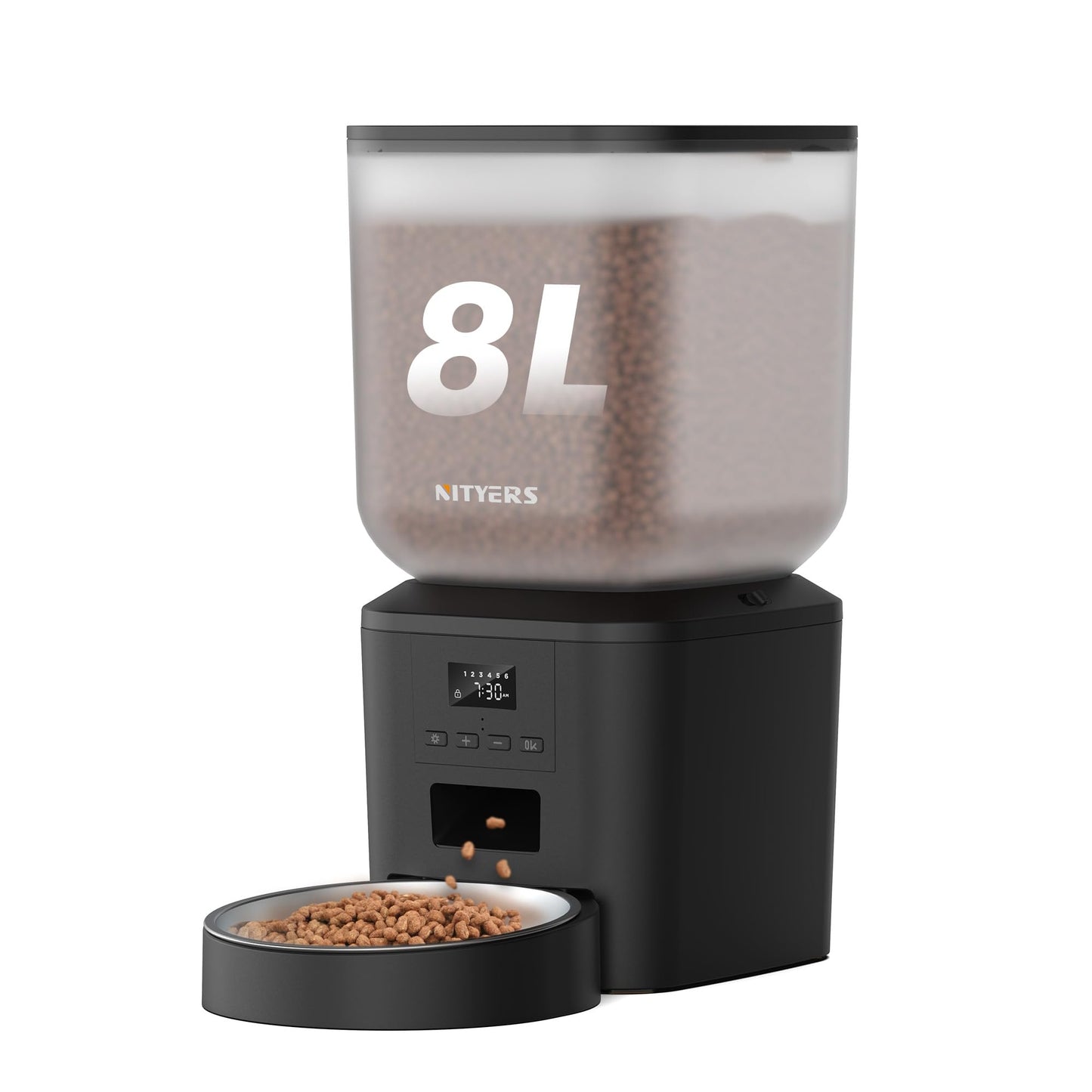 Automatic Cat Feeder - 8L/34 Cups Automatic Dog Feeder Timed Food Dispenser, Up to 50 Portions 6 Meals Per Day, Large Stainless Steel Food Bowl, Dual Power Supply (Black, One Bowl-Standard)