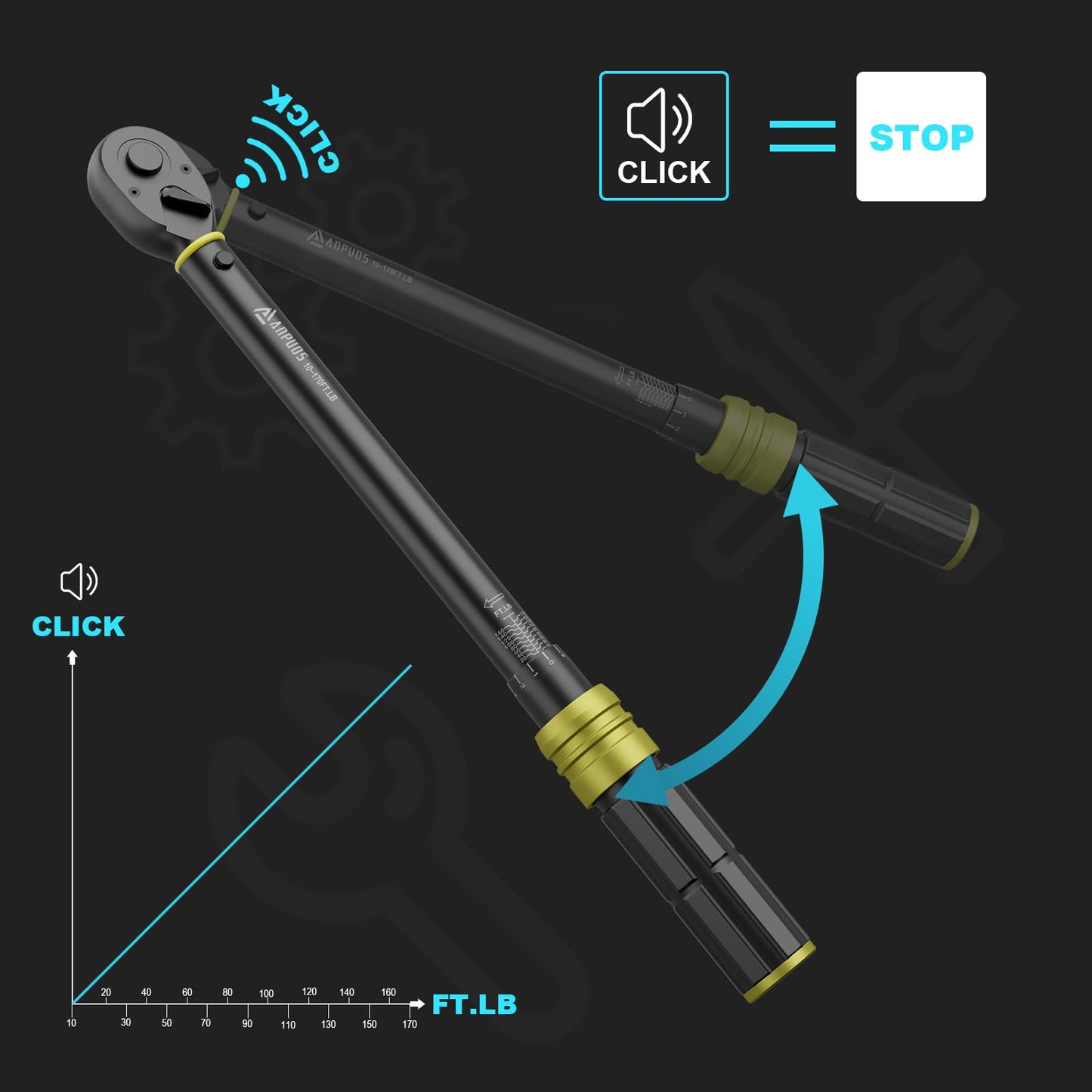 ANPUDS 1/2-Inch Drive Click Torque Wrench, 10-170 Ft-Lb/13.6-230.5 Nm, Dual-Direction Torque Wrench, 72-Tooth Dual Range Scales Torque Wrench with Quick Release Reversible Head for Motorcycle, Car
