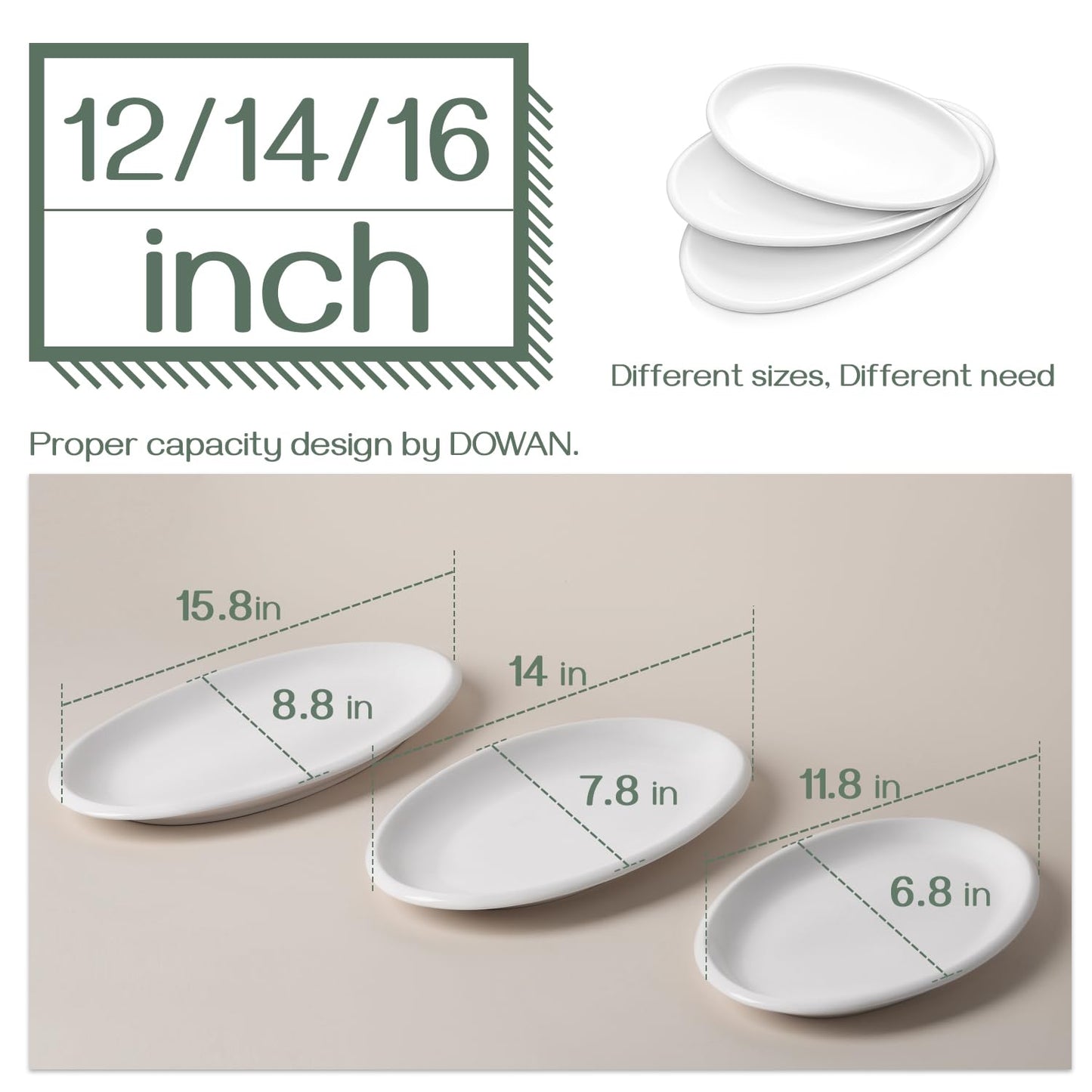 DOWAN Large Serving Platters, 16"/14"/12" Oval Serving Platters, Oven Safe, White Serving Plates, Porcelain Dinner Platters for Appetizers Meat Snacks, Serving Dishes for Party, Set of 3
