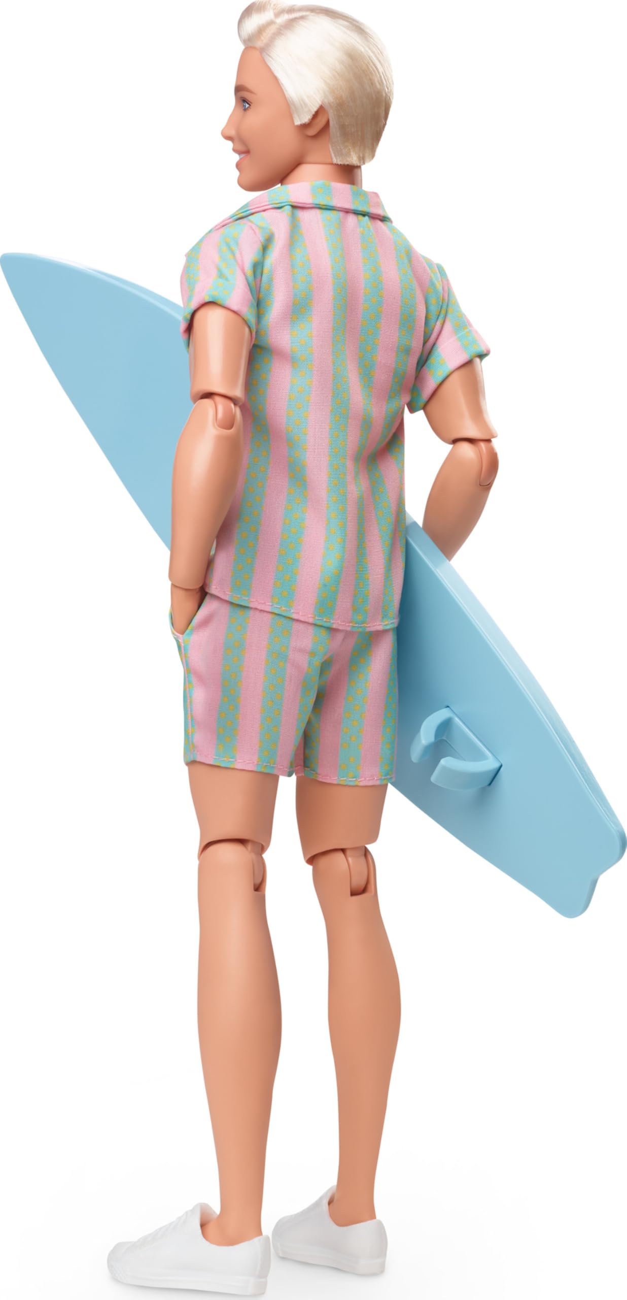 Barbie The Movie Ken Doll, Collectible Wearing Pastel Pink & Green Striped Beach Matching Set with Surfboard & White Sneakers