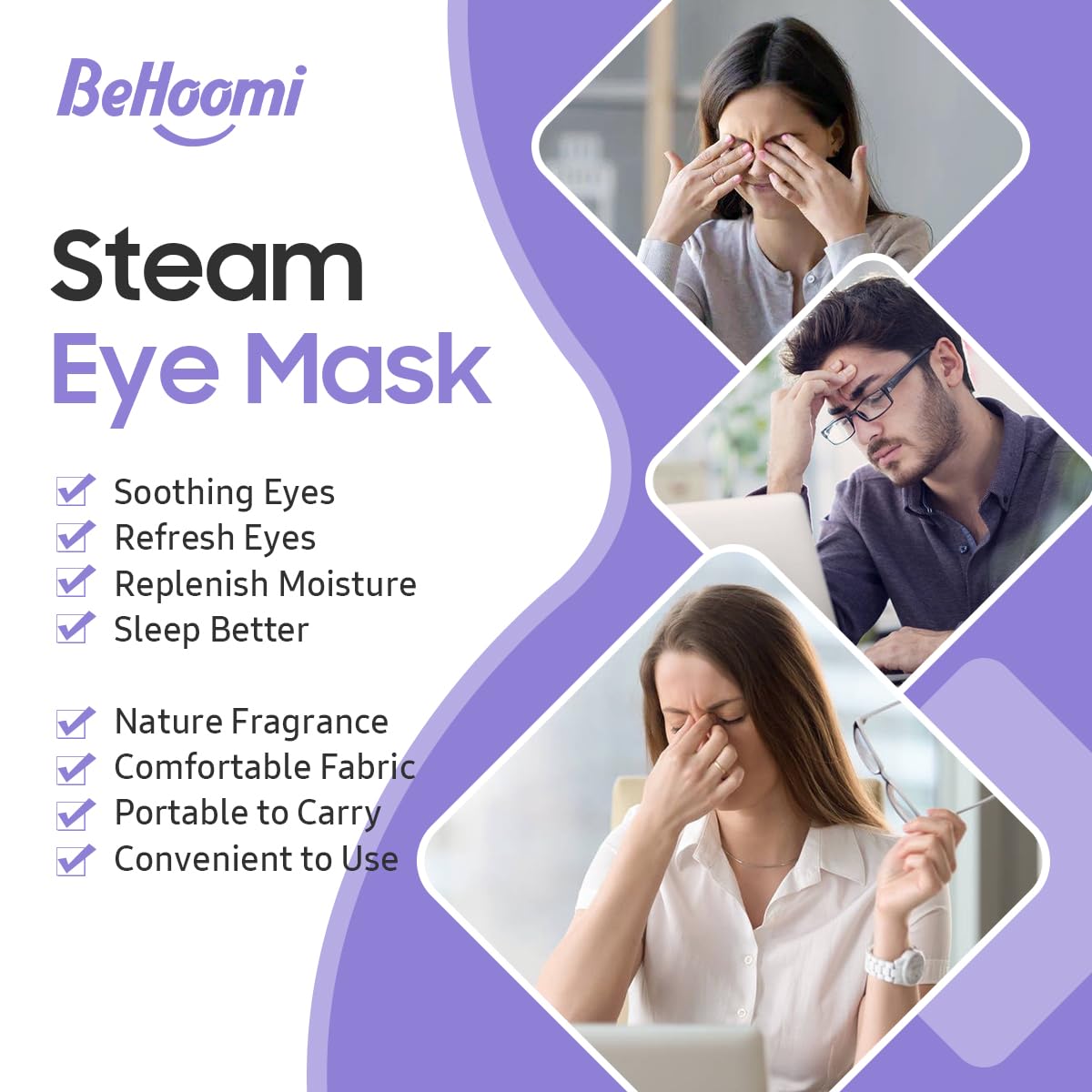 BeHoomi Steam Eye Mask, Heated Eye Mask Warm Compress for Eyes, Disposable Self Heating Moist Heat Eye Masks, Sleep Mask for for Home Office Travel, Stocking Stuffers (Lavender, 30 Packs)