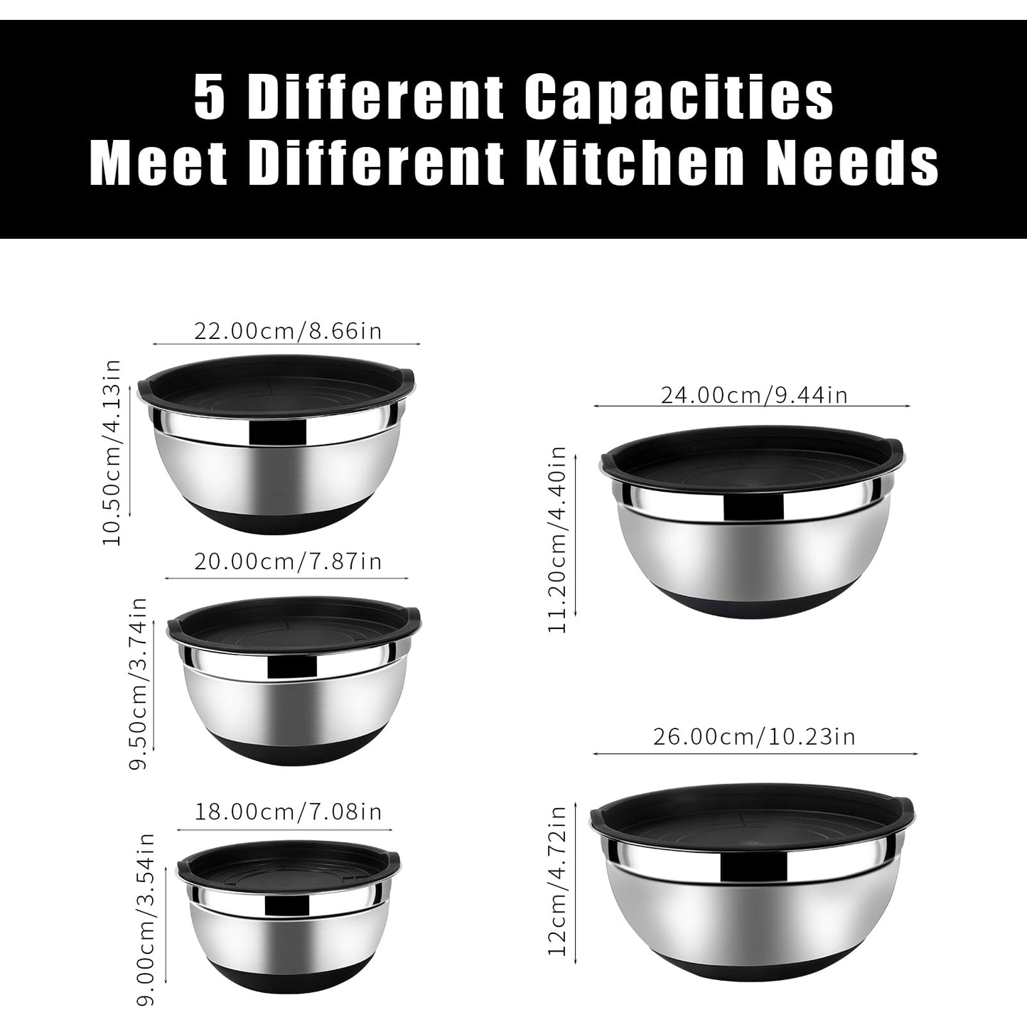 Lazycorner Mixing Bowls with Airtight Lids Set 5 Pcs Stainless Steel Bowls Set Baking Set Non-Slip Silicone Bottoms Great for Serving & Baking