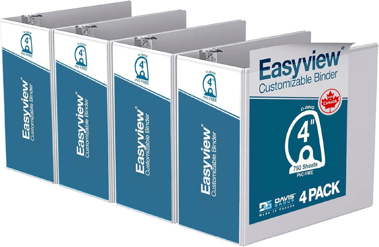 EasyView Premium Angled D-Ring 4-Inch Binders with Clear-View Covers, Customizable 3-Ring Binders for School, Office, or Home, Pack of 4, White