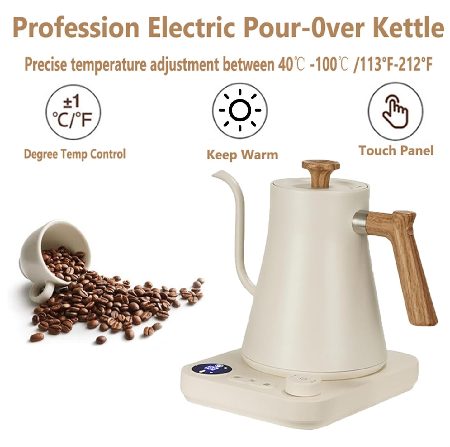 Electric Gooseneck Kettle, 304 Stainless Steel Electric Tea Kettle Temperature Control Pour-Over Coffee and Tea Pot 1200W Quick Heating Hot Water Boiler Anti-dry Protection, 0.9L (Cream White)