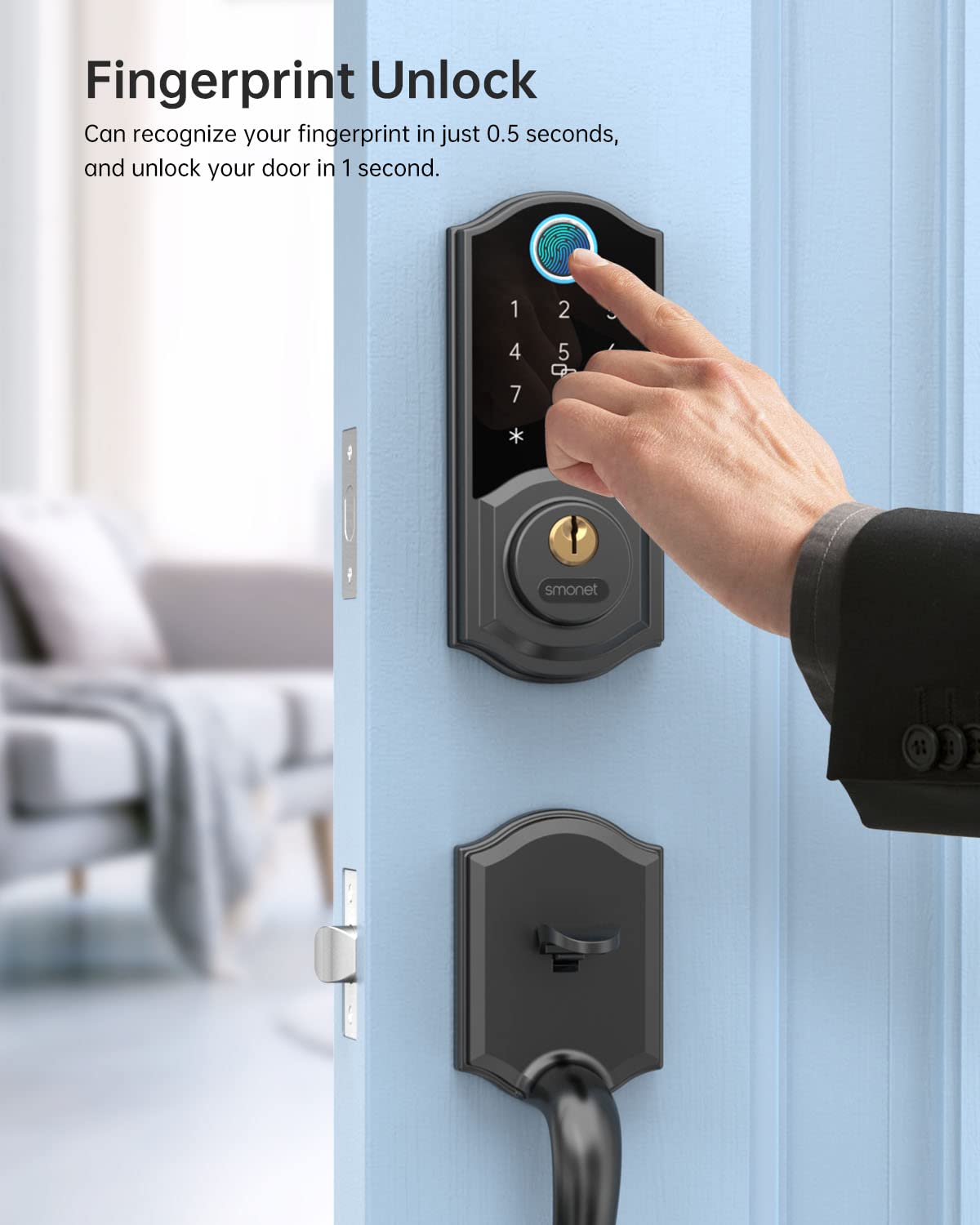Smart Lock,SMONET Fingerprint Deadbolt Keyless Entry Door Lock with Electronic Bluetooth Digital Keypad Deadbolt for Front Door,Biometrics,Auto-Lock,Fob Keys,Passcode by APP Control for Home,Black