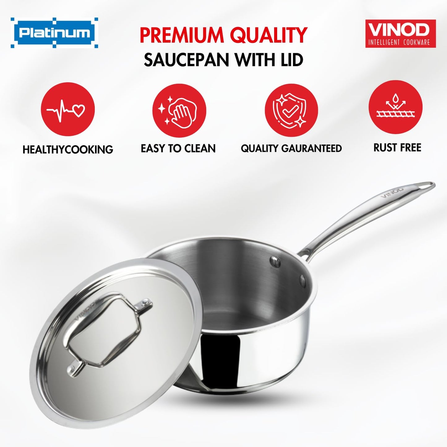 Vinod Triply Clad Stainless Steel Saucepan with Lid - 3.2 Qt (20 cm), Stay-Cool Handle, Multipurpose Sauce Pan, All Stove Compatible, Even Heat Distribution, Dishwasher, Induction Safe, 3.2 Qt Pot