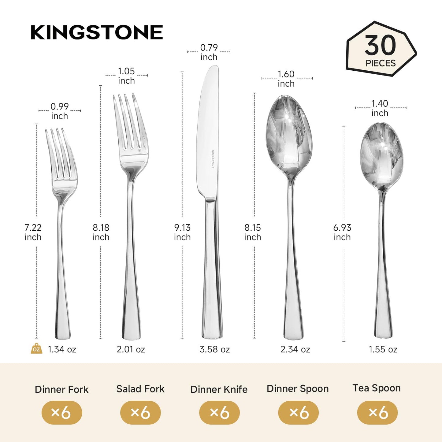 KINGSTONE Silverware Set, 30-Piece Flatware Set for 6, 18/10 Stainless Steel Cutlery Set, Mirror Polished Eating Utensils Set, Dishwasher Safe